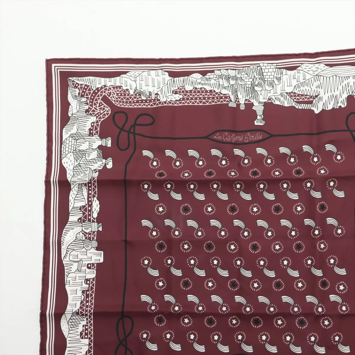 Hermès Carre 55 "Les Canyons Etoiles" (From the Canyons to the Stars) Silk Scarf, Bordeaux, Slight wear and tear. — view 2