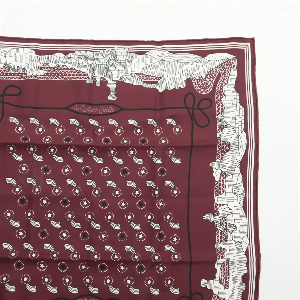 Hermès Carre 55 "Les Canyons Etoiles" (From the Canyons to the Stars) Silk Scarf, Bordeaux, Slight wear and tear. — view 3