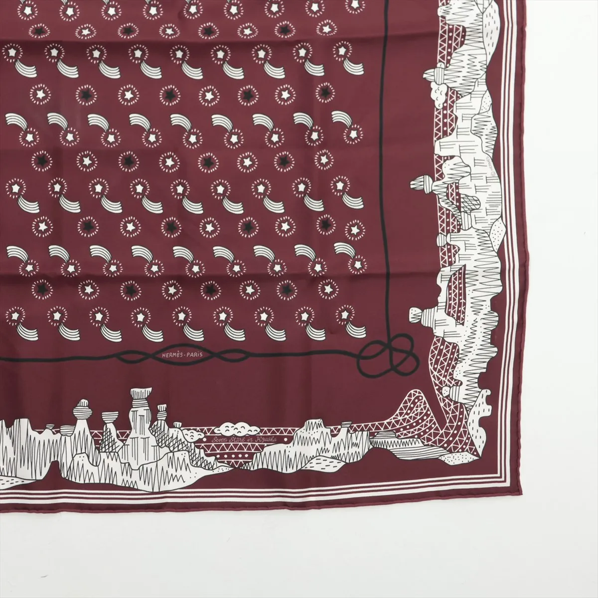 Hermès Carre 55 "Les Canyons Etoiles" (From the Canyons to the Stars) Silk Scarf, Bordeaux, Slight wear and tear. — view 4