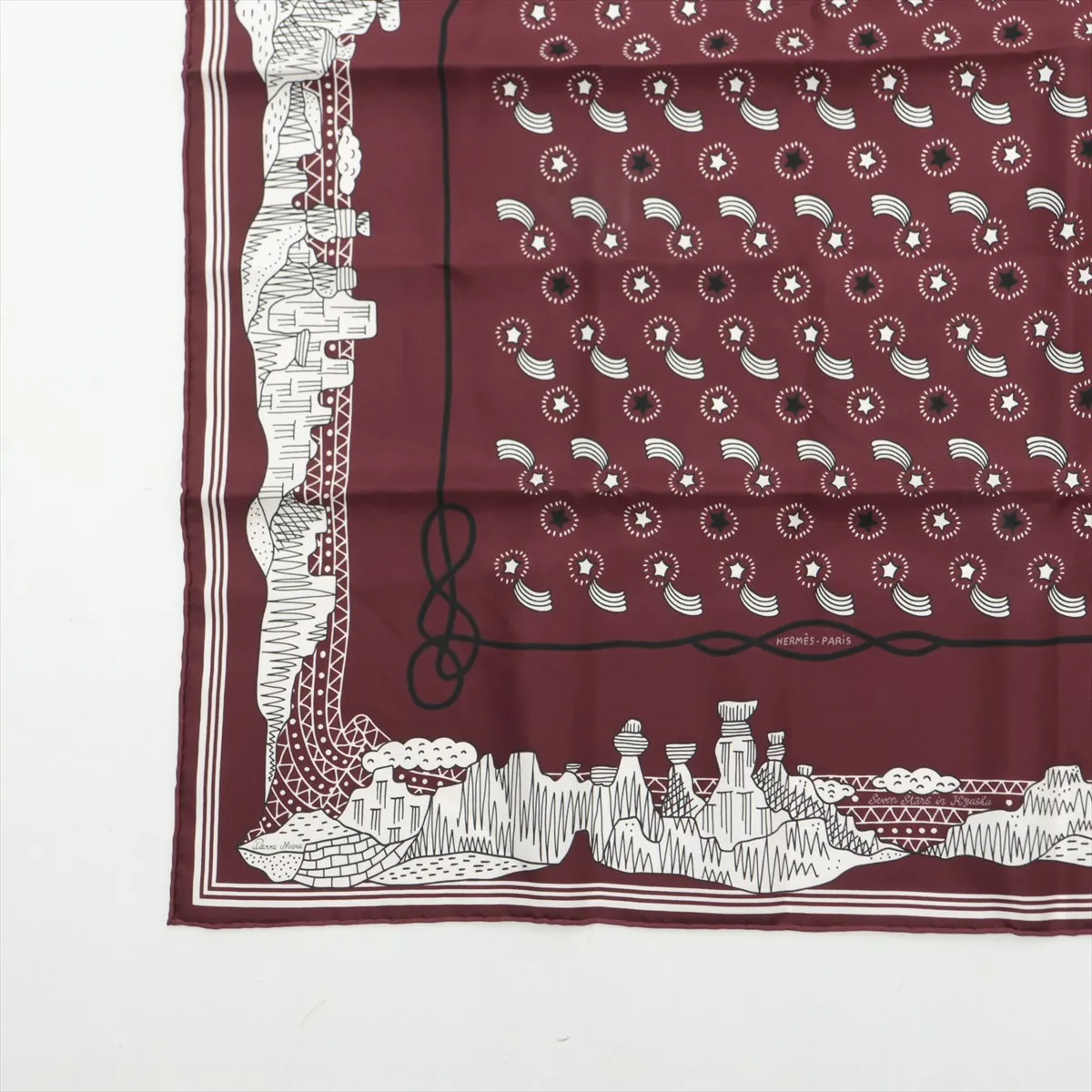 Hermès Carre 55 "Les Canyons Etoiles" (From the Canyons to the Stars) Silk Scarf, Bordeaux, Slight wear and tear. — view 5