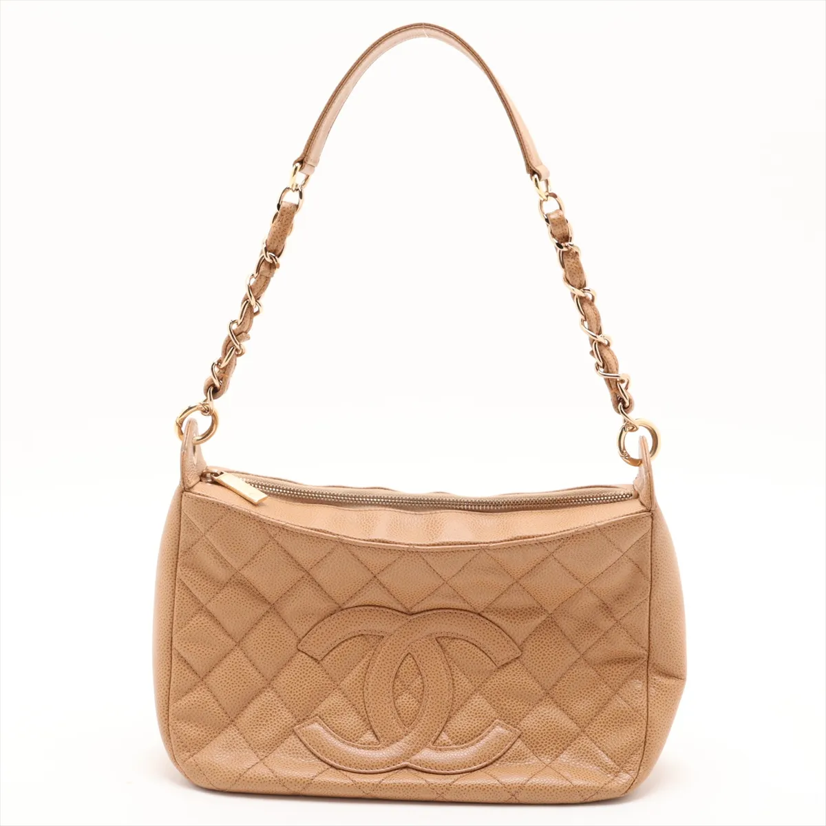Matelassé Caviar Skin Chain Shoulder Bag, Beige with Gold Hardware, 8100870 (Serial Number 8)