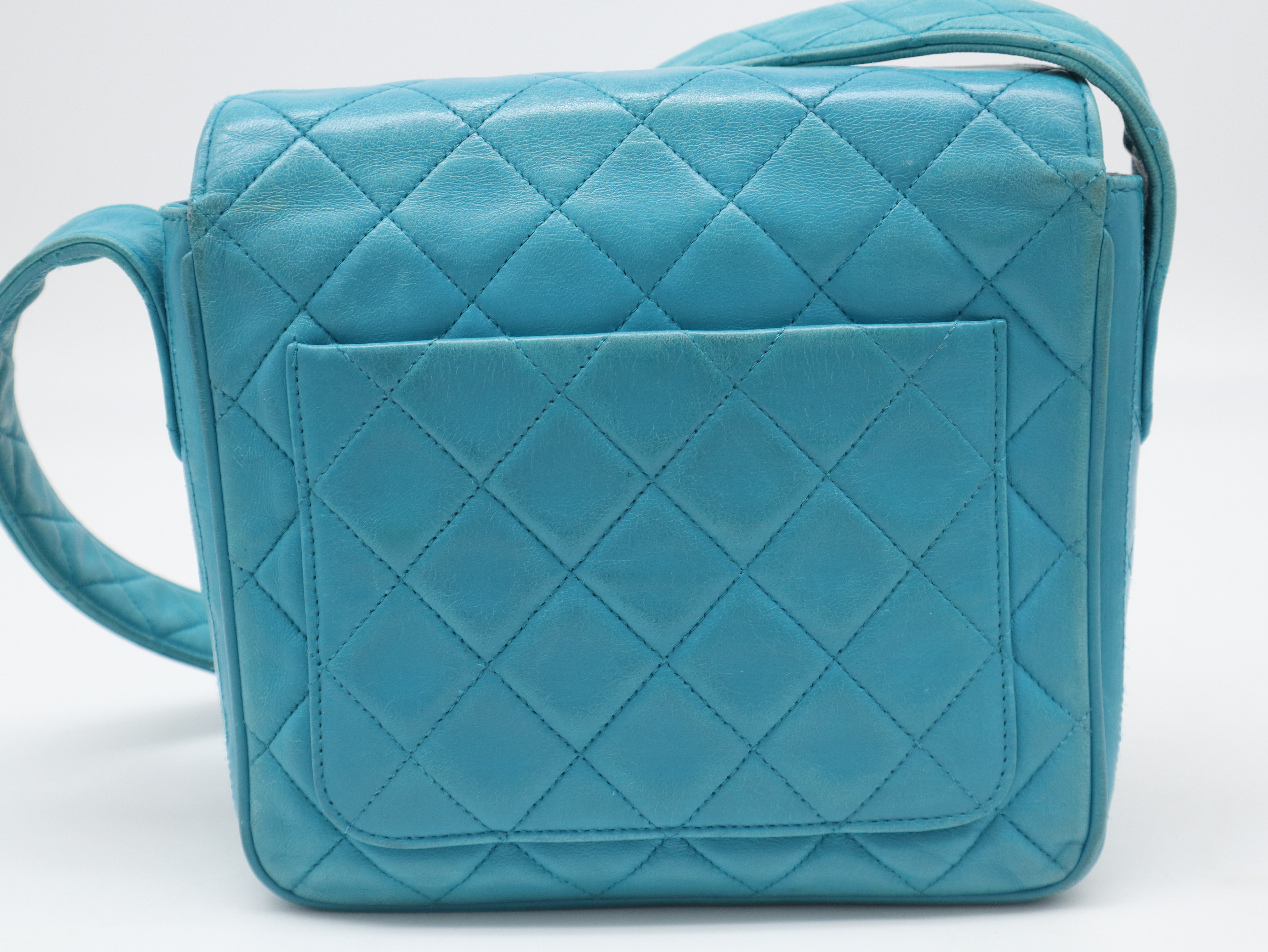 Lambskin Matelassé Shoulder Bag, Small Flap, Square, Gold Hardware, Turquoise, Seal, 2051569, with Dust Bag. — view 2