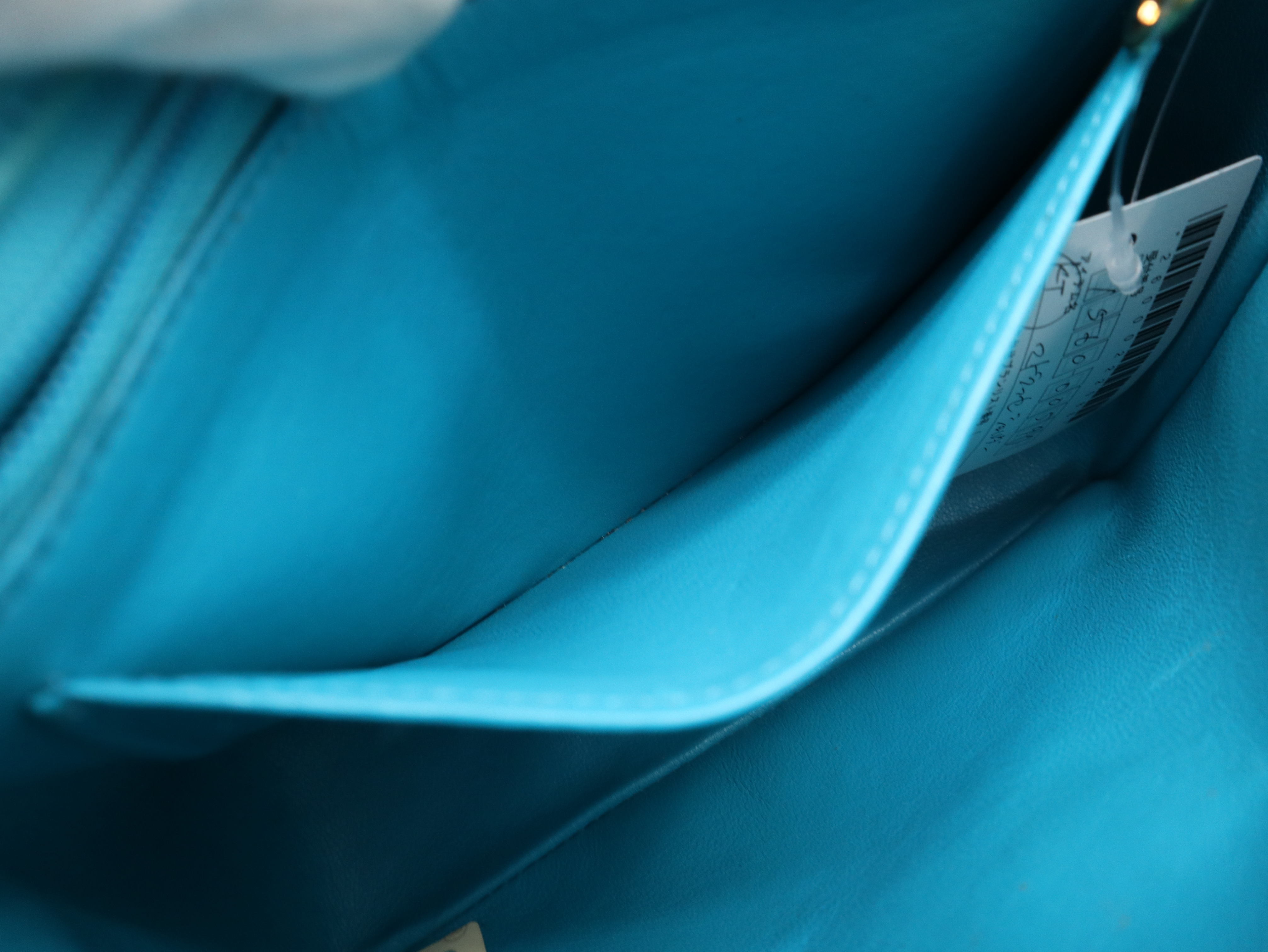 Lambskin Matelassé Shoulder Bag, Small Flap, Square, Gold Hardware, Turquoise, Seal, 2051569, with Dust Bag. — view 12