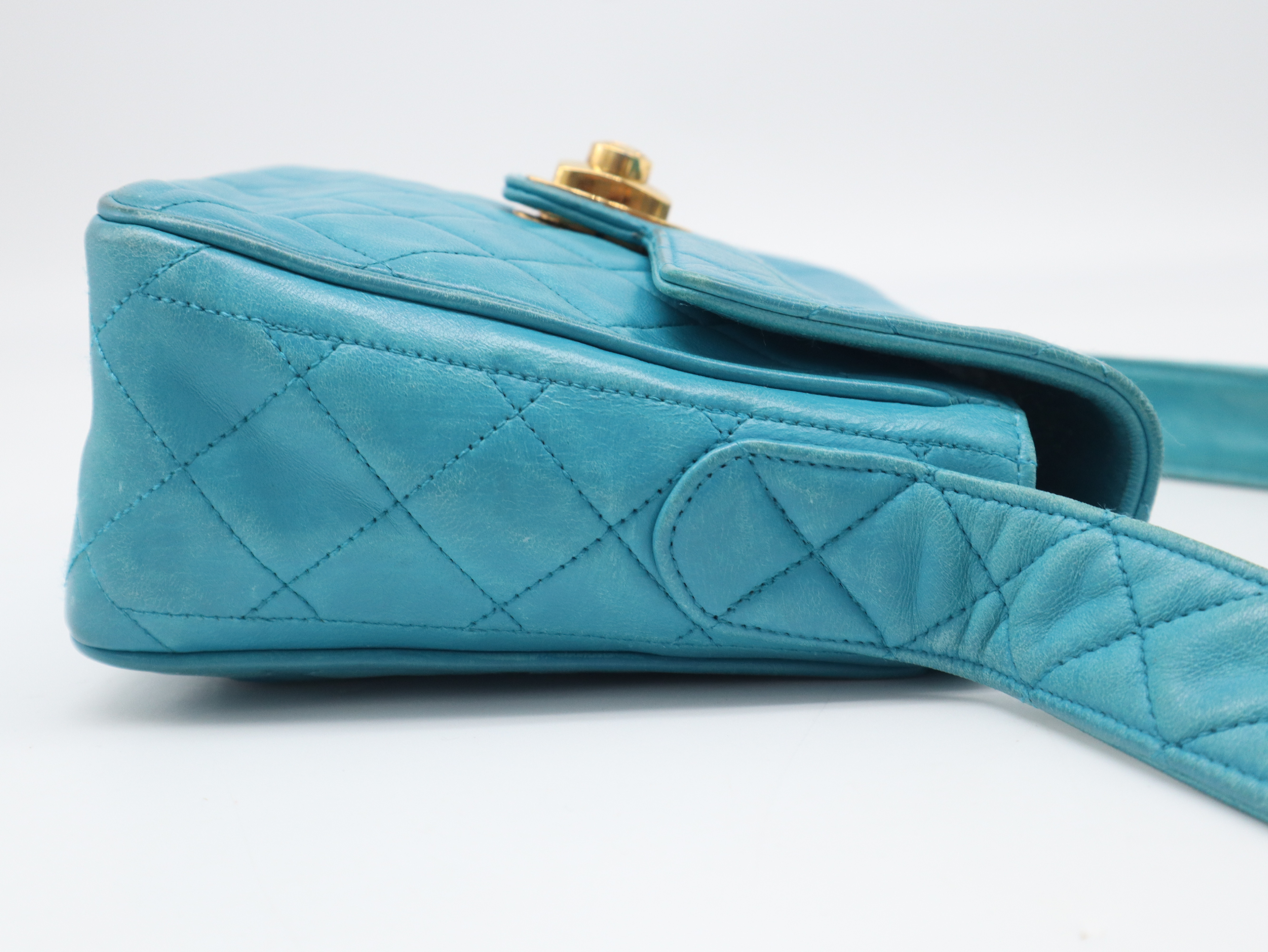 Lambskin Matelassé Shoulder Bag, Small Flap, Square, Gold Hardware, Turquoise, Seal, 2051569, with Dust Bag. — view 4