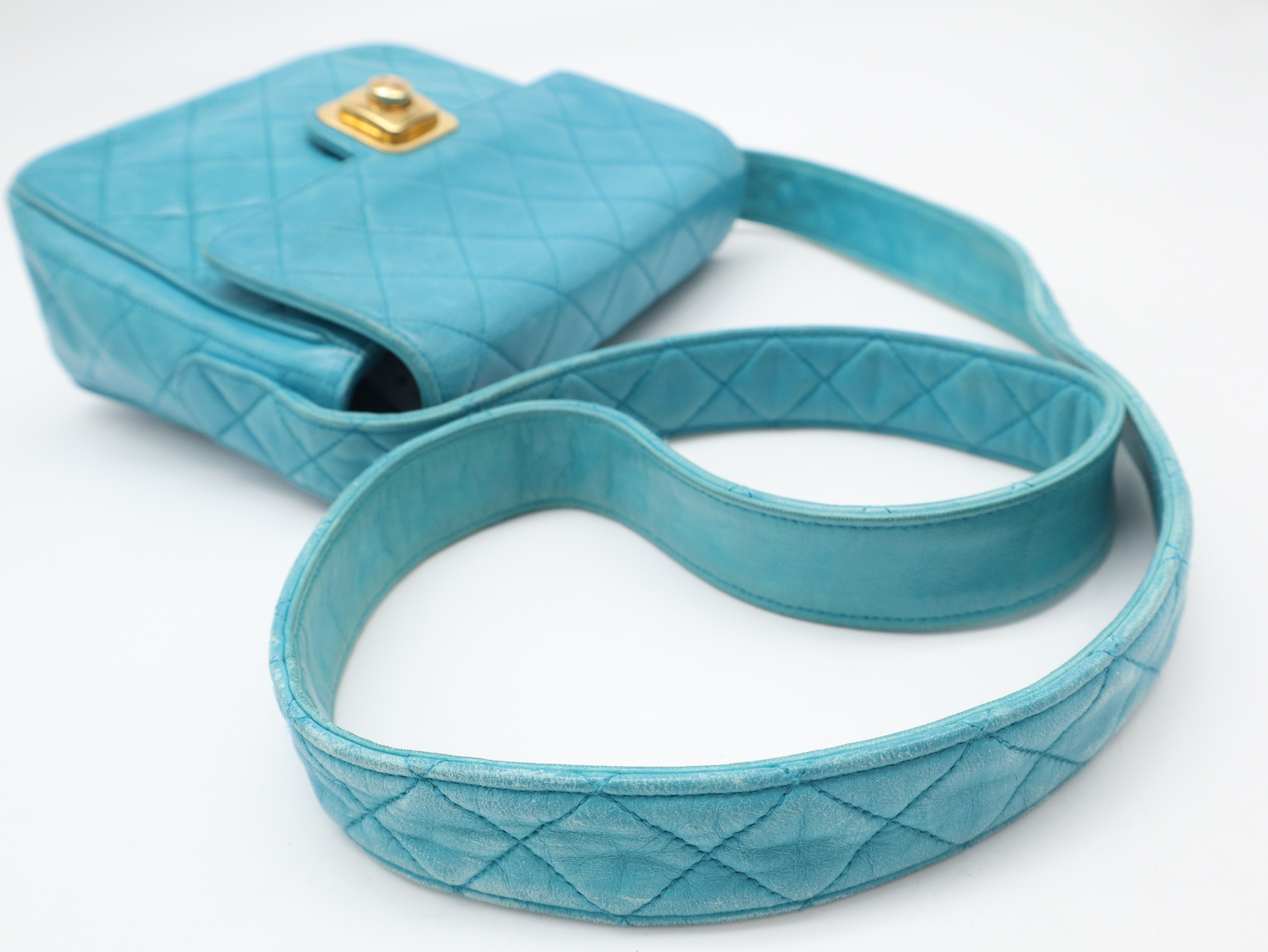 Lambskin Matelassé Shoulder Bag, Small Flap, Square, Gold Hardware, Turquoise, Seal, 2051569, with Dust Bag. — view 6