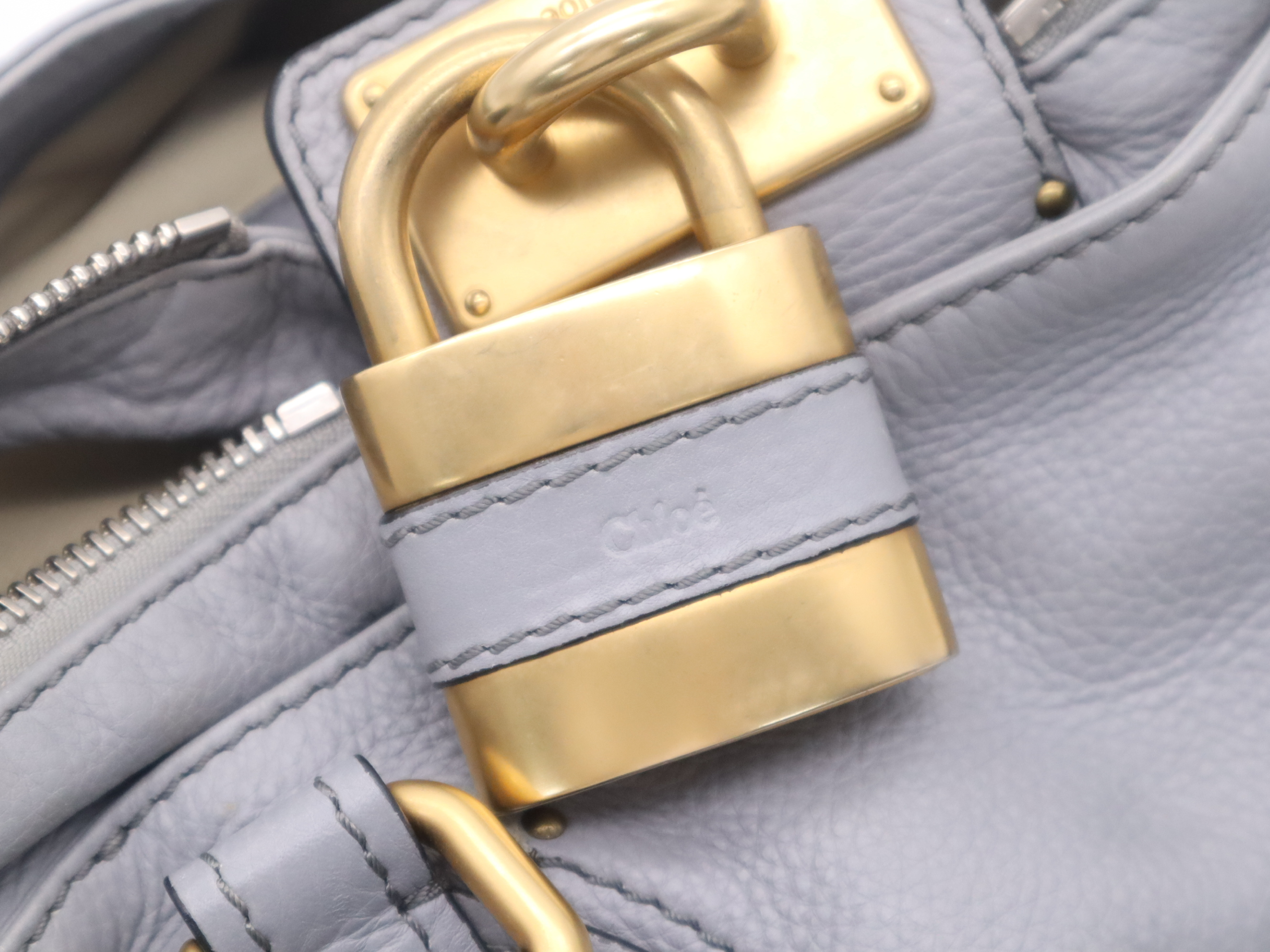 Leather Paddington Tote Bag in Blue-Gray with Gold Hardware and Key — view 14