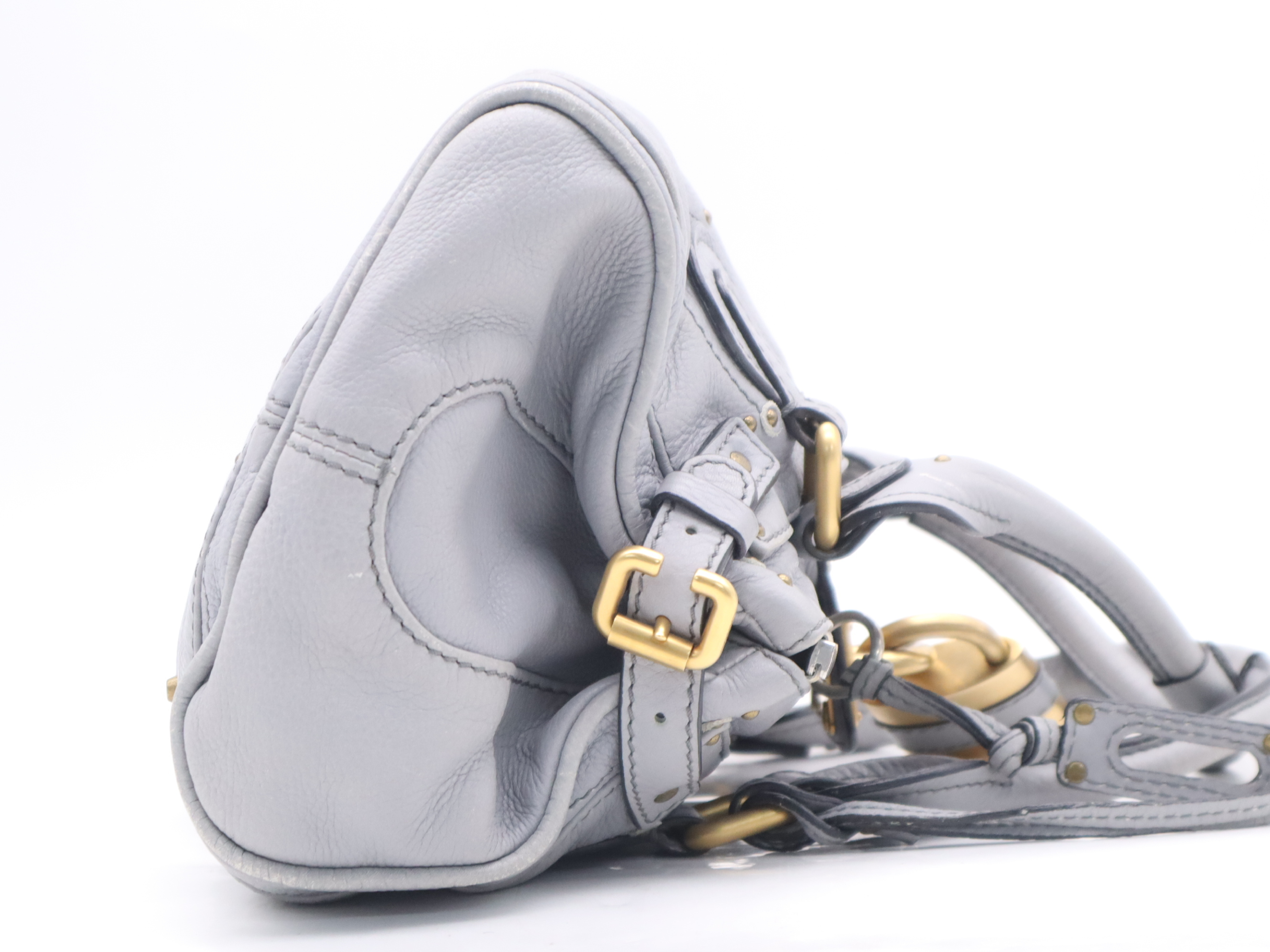 Leather Paddington Tote Bag in Blue-Gray with Gold Hardware and Key — view 5