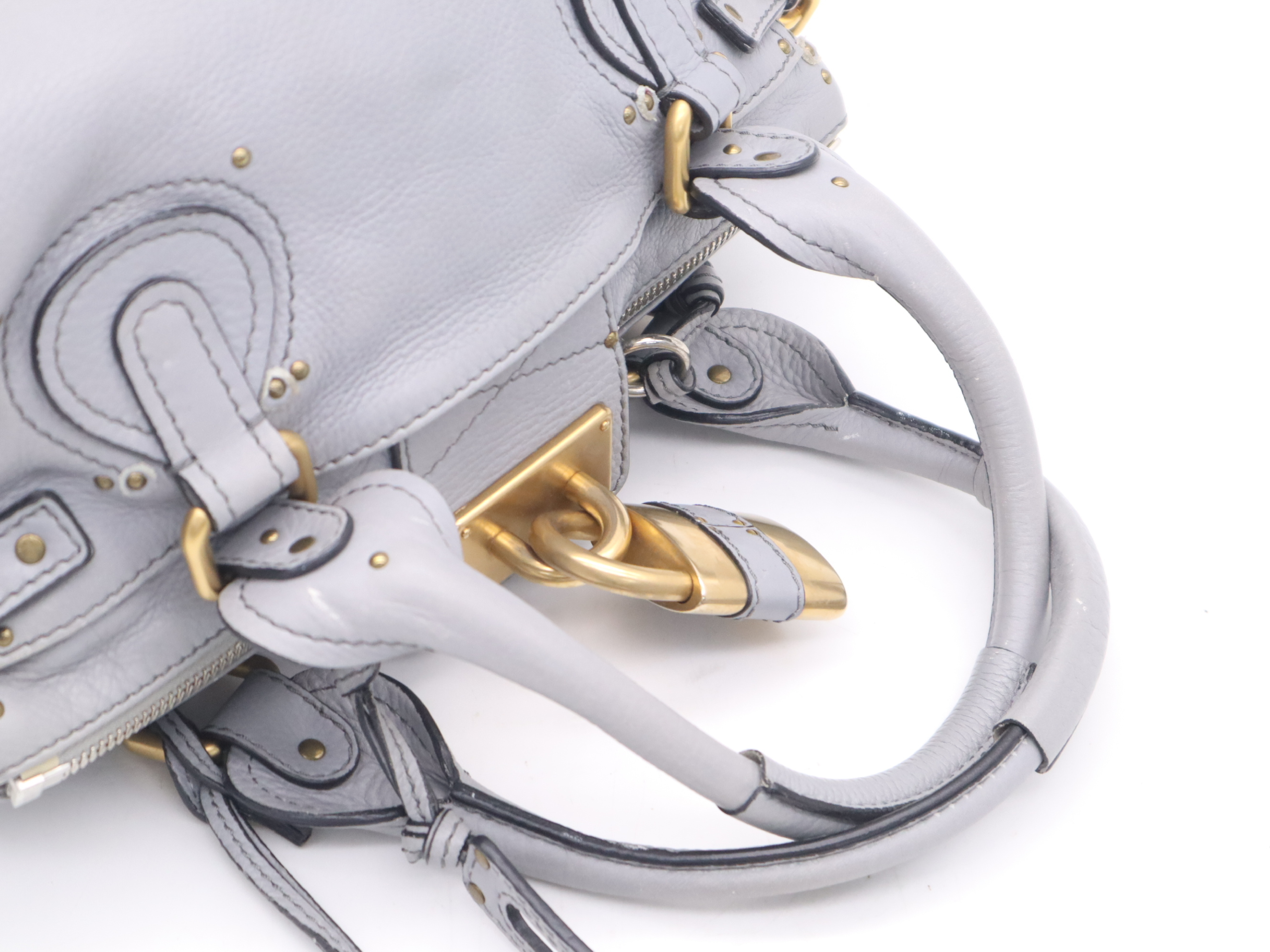 Leather Paddington Tote Bag in Blue-Gray with Gold Hardware and Key — view 6