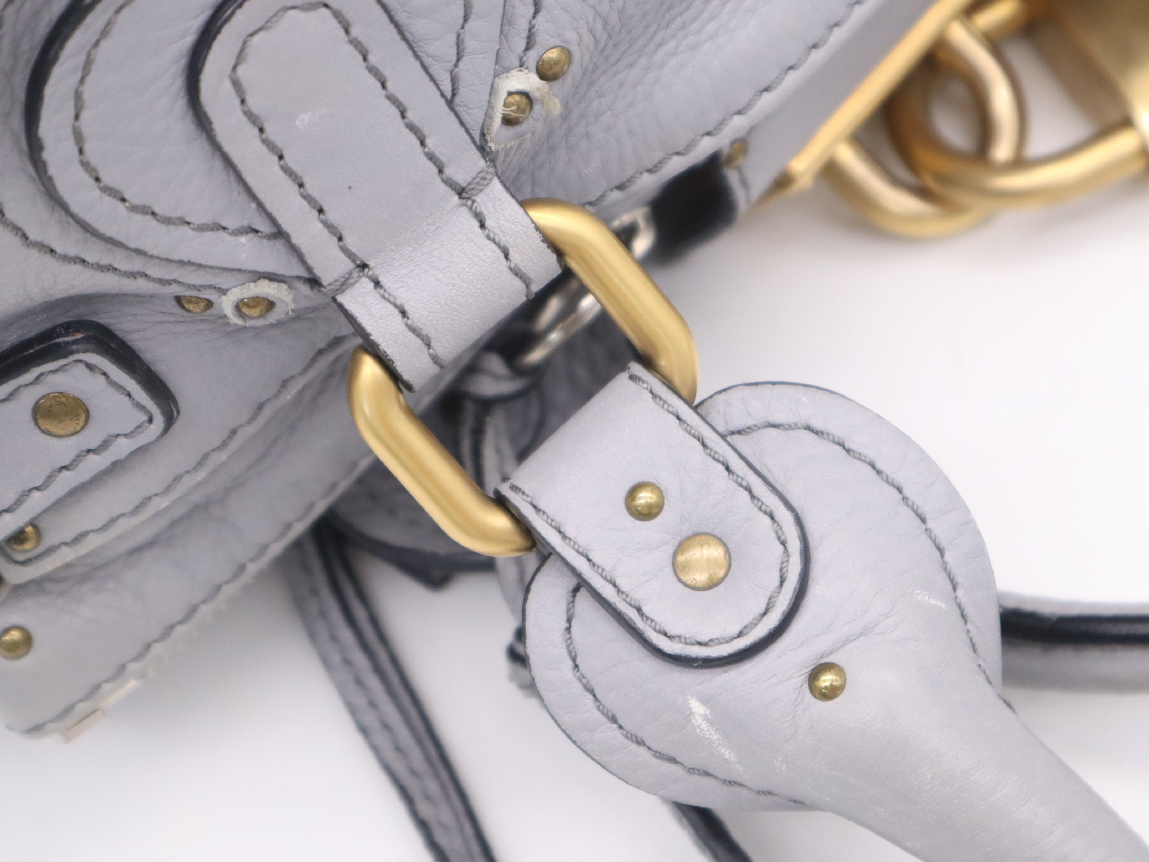 Leather Paddington Tote Bag in Blue-Gray with Gold Hardware and Key — view 7