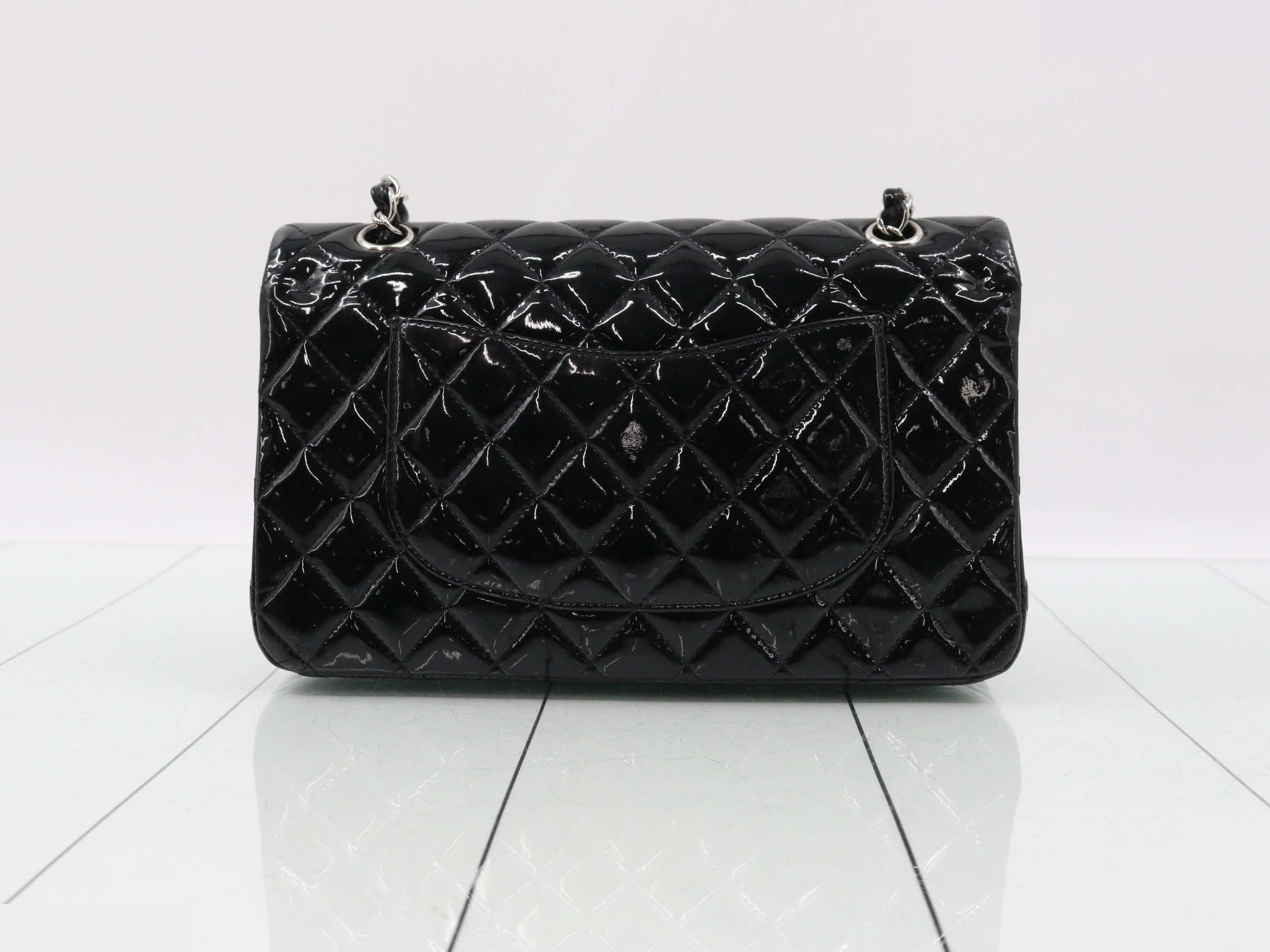 Matelassé enamel double flap double chain shoulder bag — view 2
