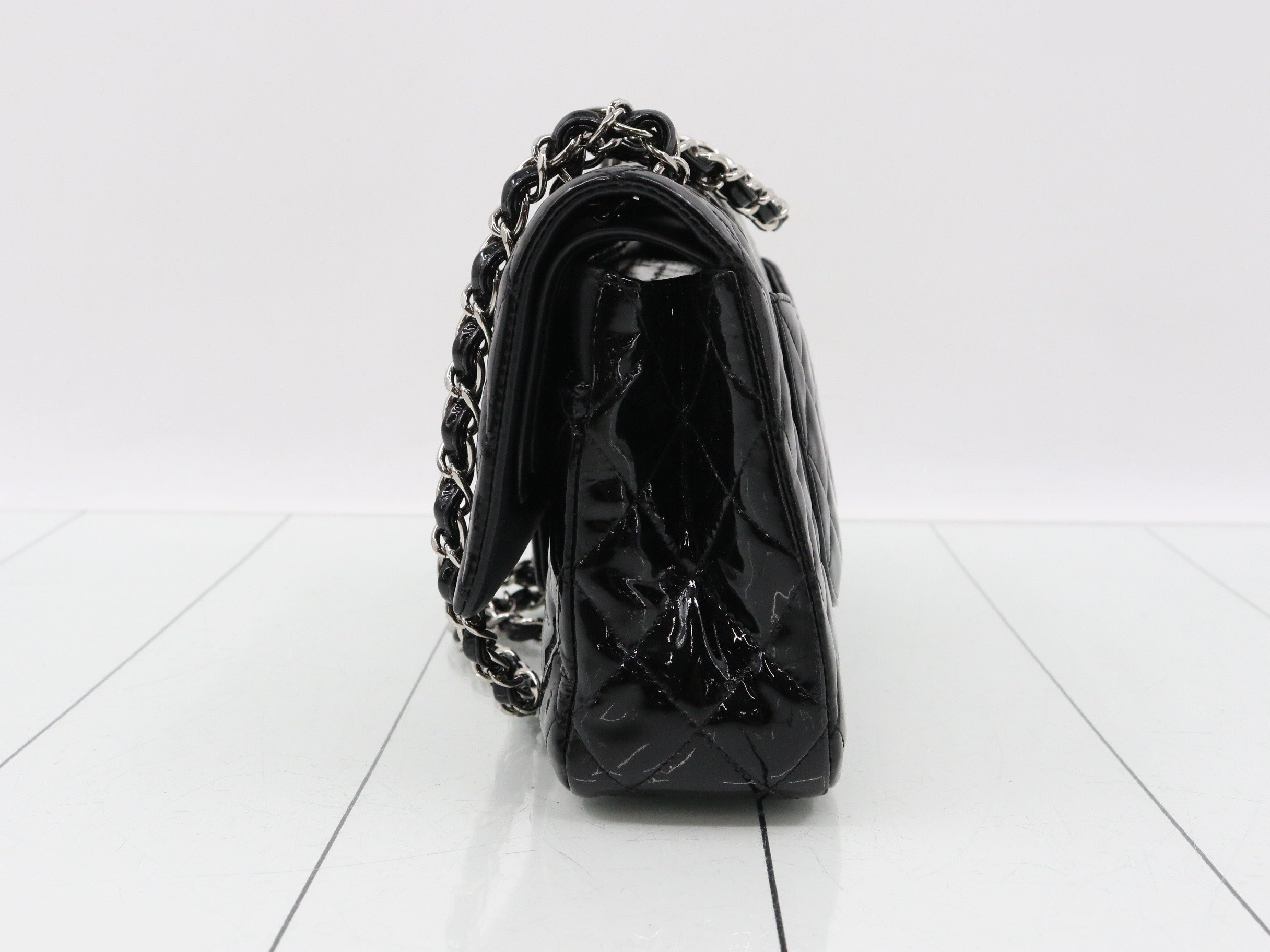Matelassé enamel double flap double chain shoulder bag — view 3
