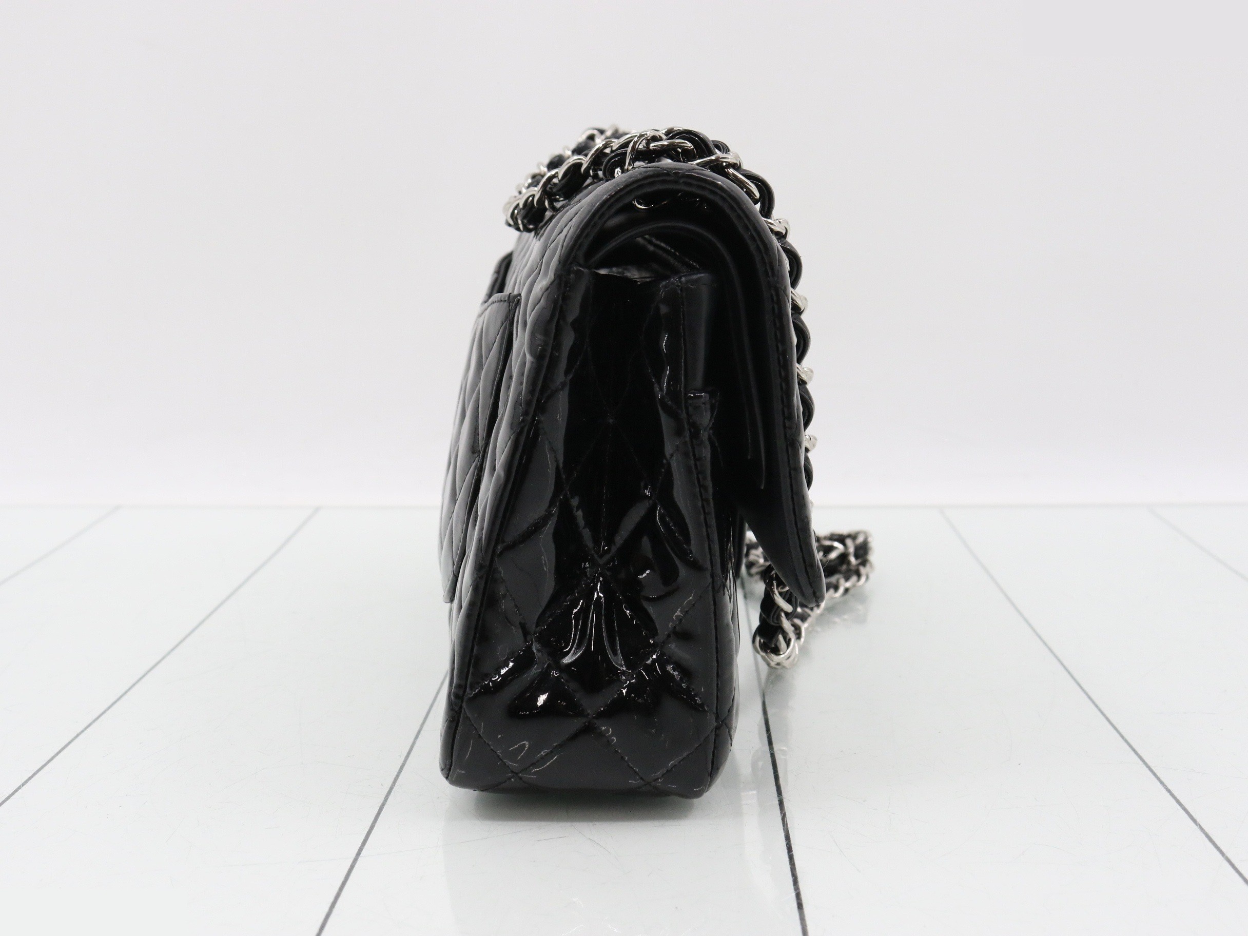 Matelassé enamel double flap double chain shoulder bag — view 4