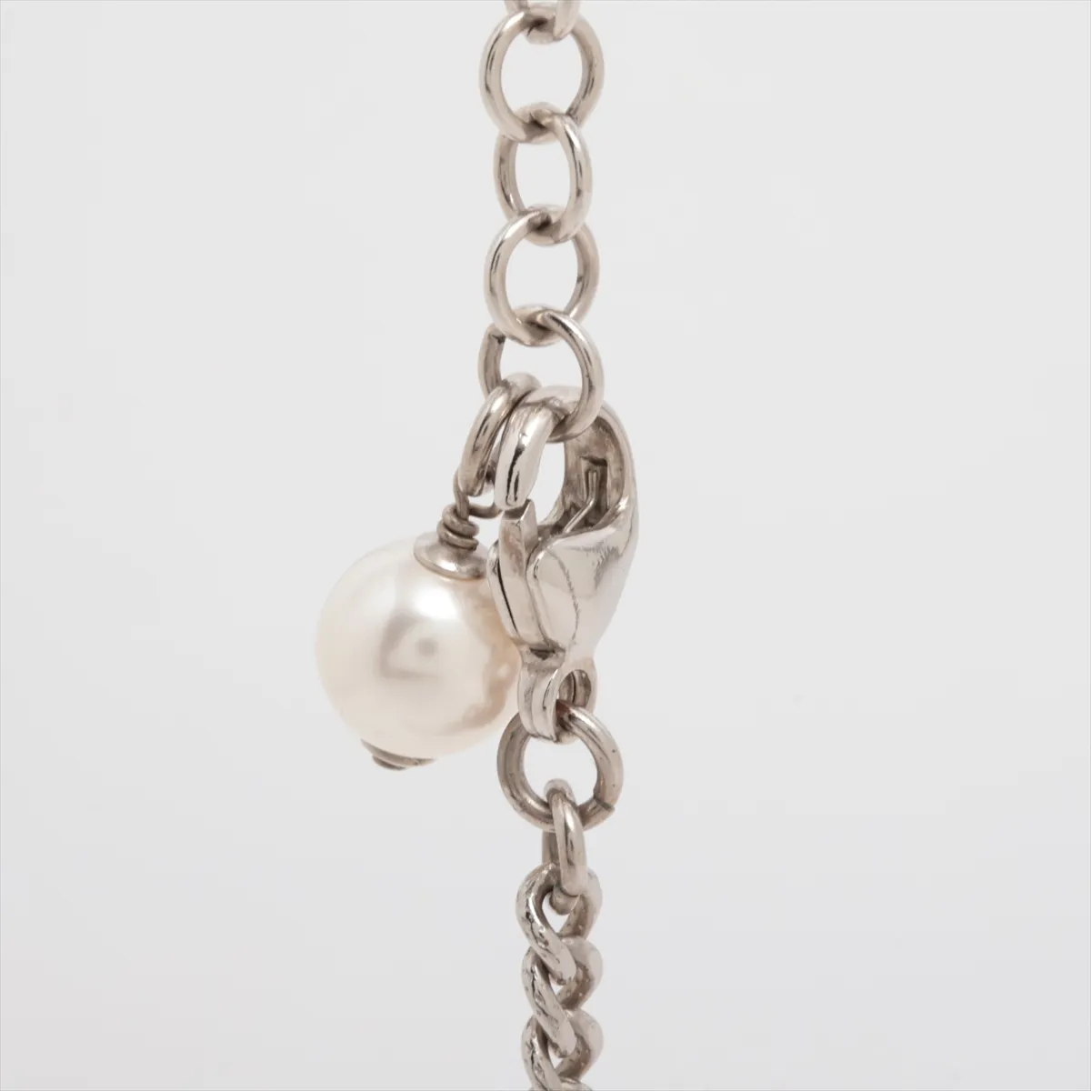 logo F23P long necklace, metal x rhinestone x faux pearl, silver. Shows wear, tarnish, and stains. — view 4