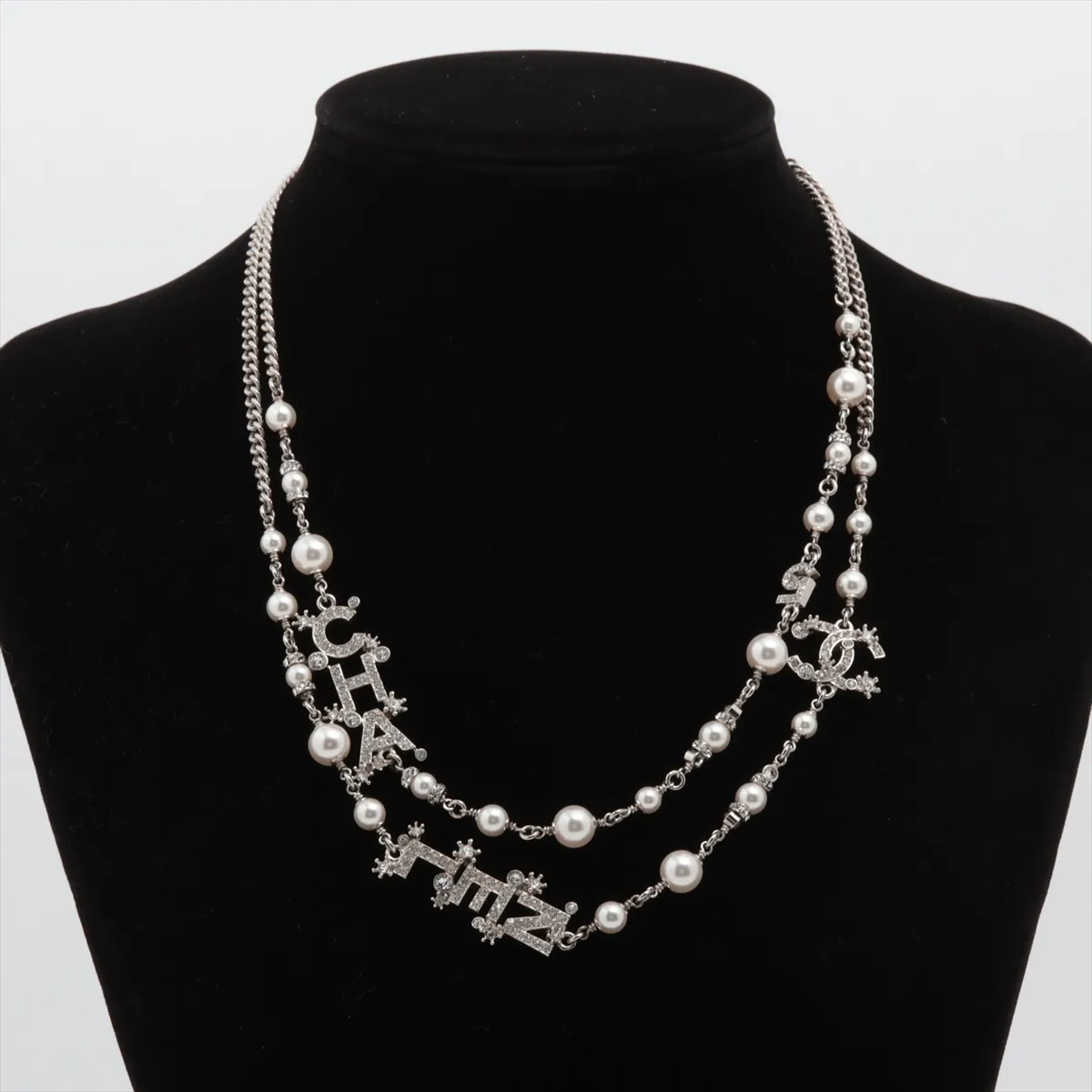 logo F23P long necklace, metal x rhinestone x faux pearl, silver. Shows wear, tarnish, and stains. — view 6
