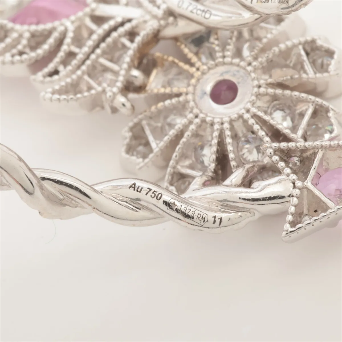 Flora pink sapphire diamond ring 750(WG) 4.8g 0.72 11 Small stone chipping, some plating — view 3