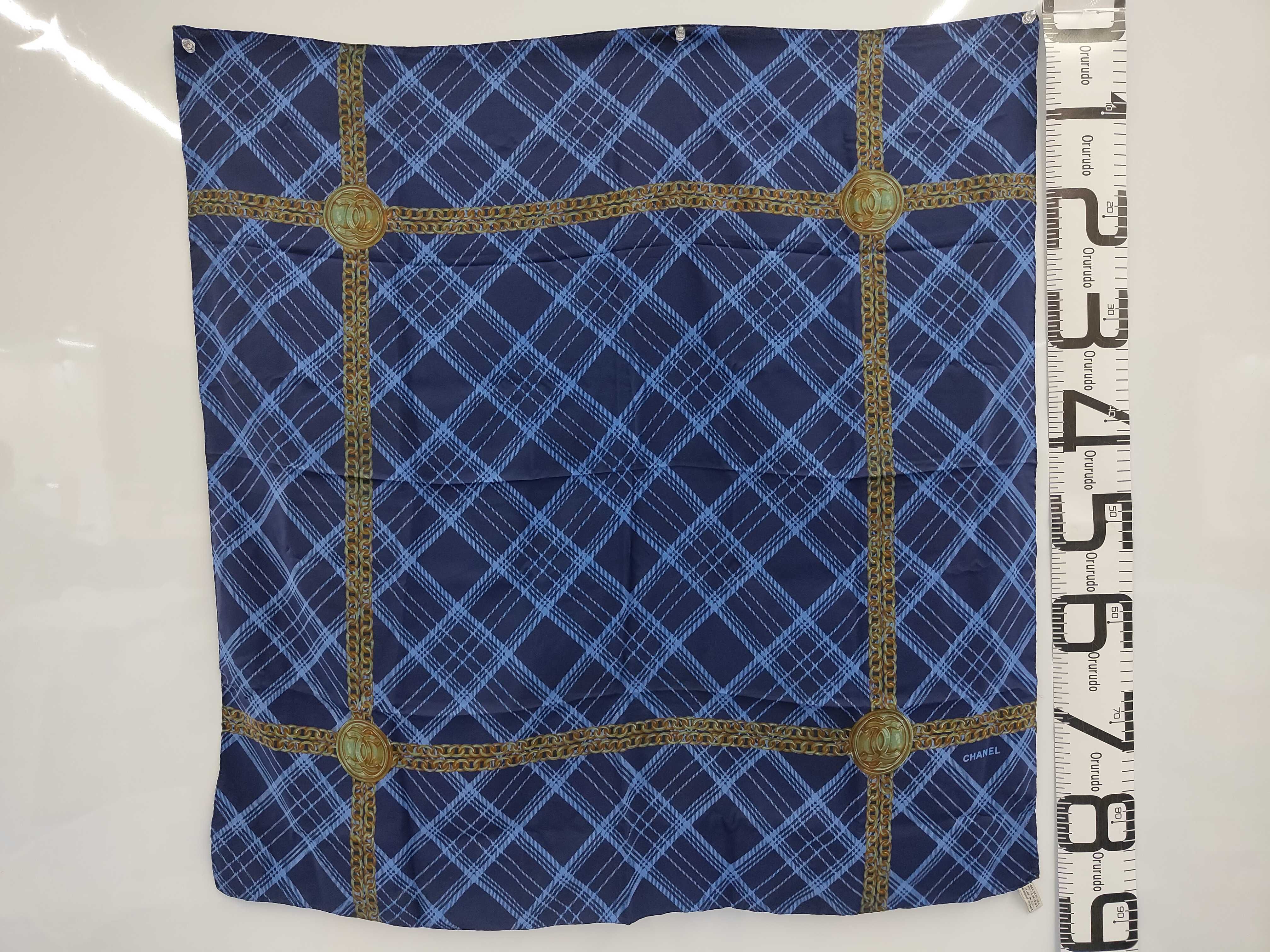 Silk Scarf, Coco Mark Chain Design, Checkered Pattern, Blue, Other Accessories — view 2