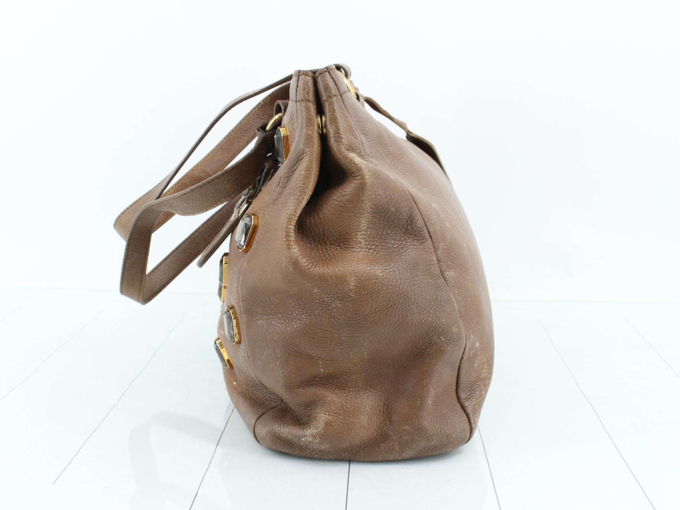 Leather tote bag with rhinestone embellishments, brown tones. — view 3