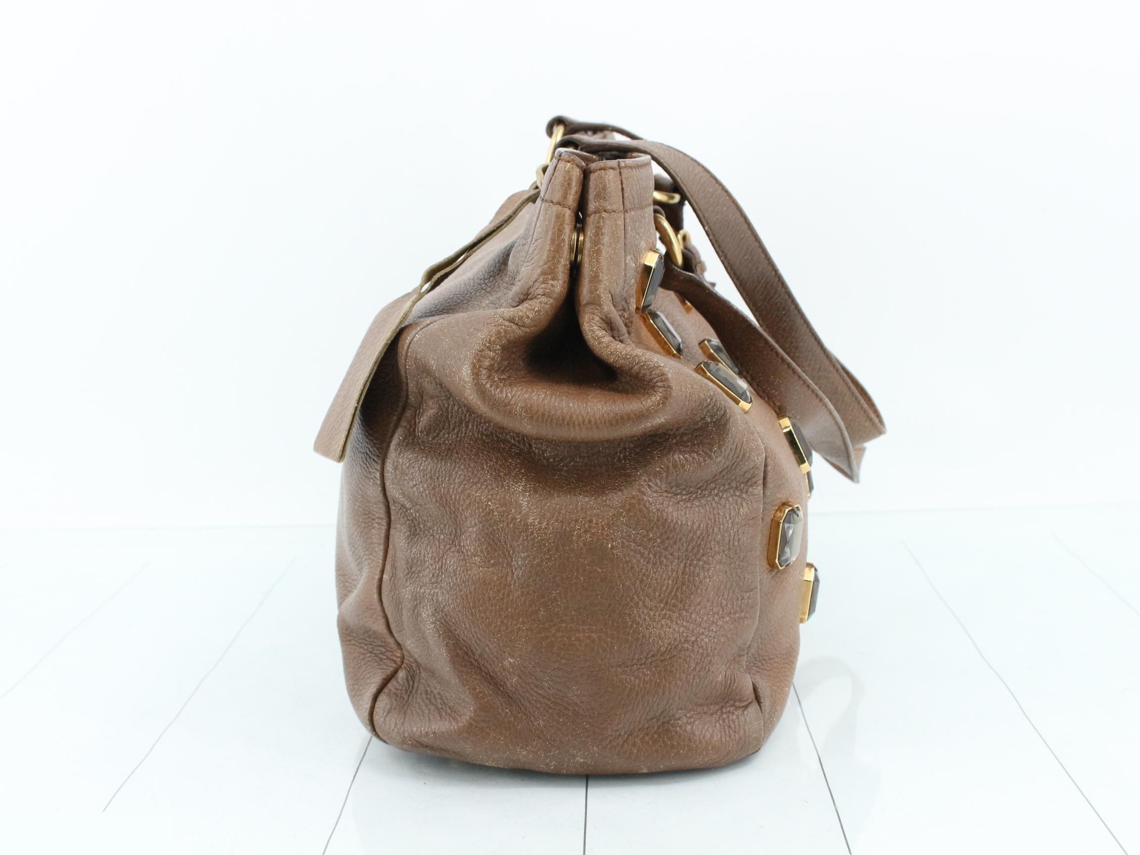 Leather tote bag with rhinestone embellishments, brown tones. — view 4