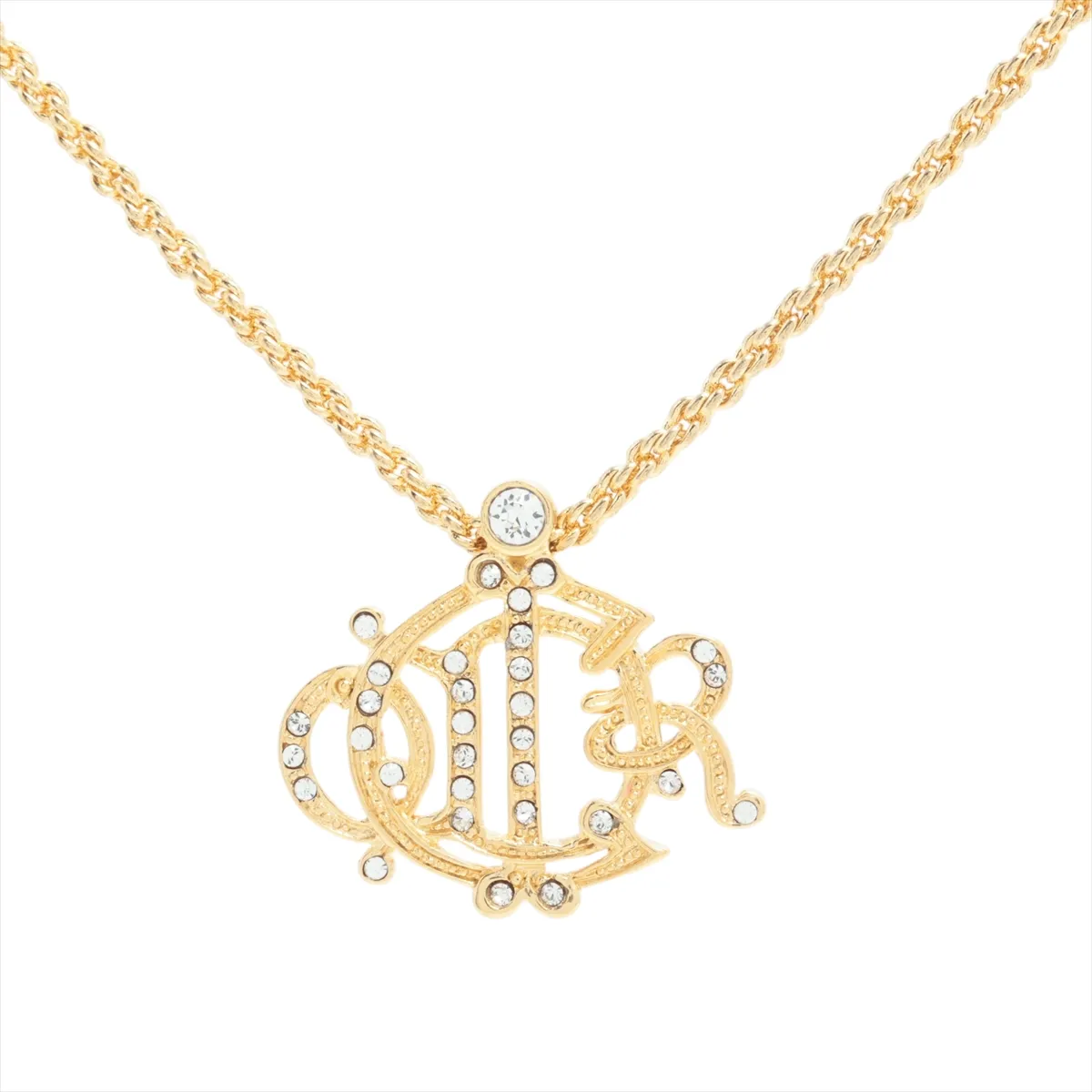 Emblem Necklace, GP x Rhinestone, Gold. Shows signs of wear,