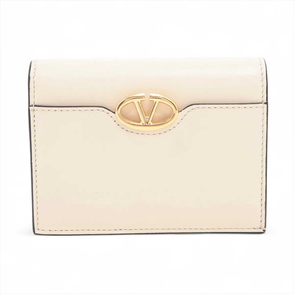 V Logo Signature Leather Compact Wallet Ivory