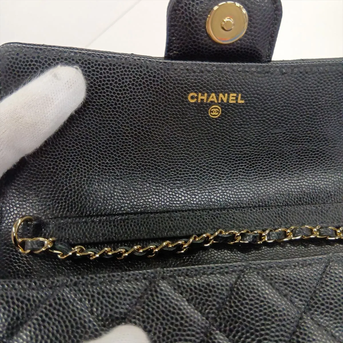 Matelassé Caviar Skin Chain Shoulder Bag, Eyewear, Black with Gold Hardware, 31762339, Serial Number 31 — view 9