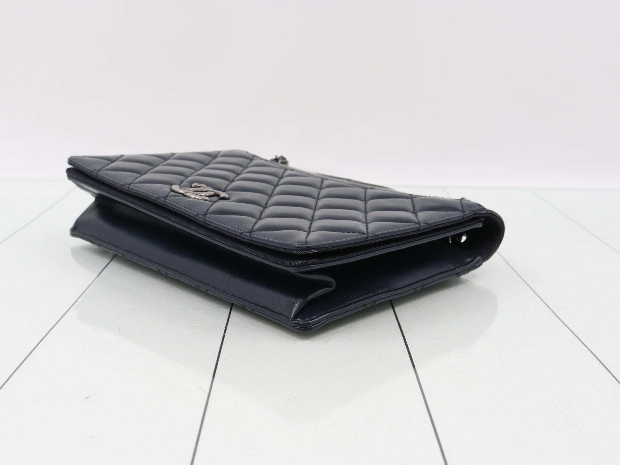 Matelassé Lambskin Leather Coco Mark Double Chain Shoulder Bag Navy/Black — view 6