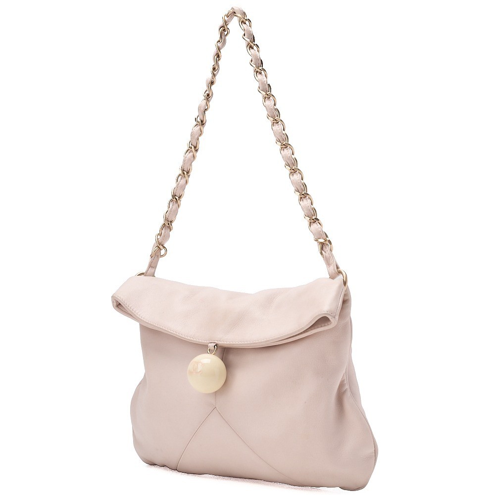 Lambskin ball charm chain shoulder bag, pink, gold hardware, size 8. — view 3