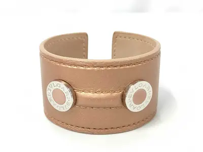 Beige Silver Leather Metal Bangle Bracelet