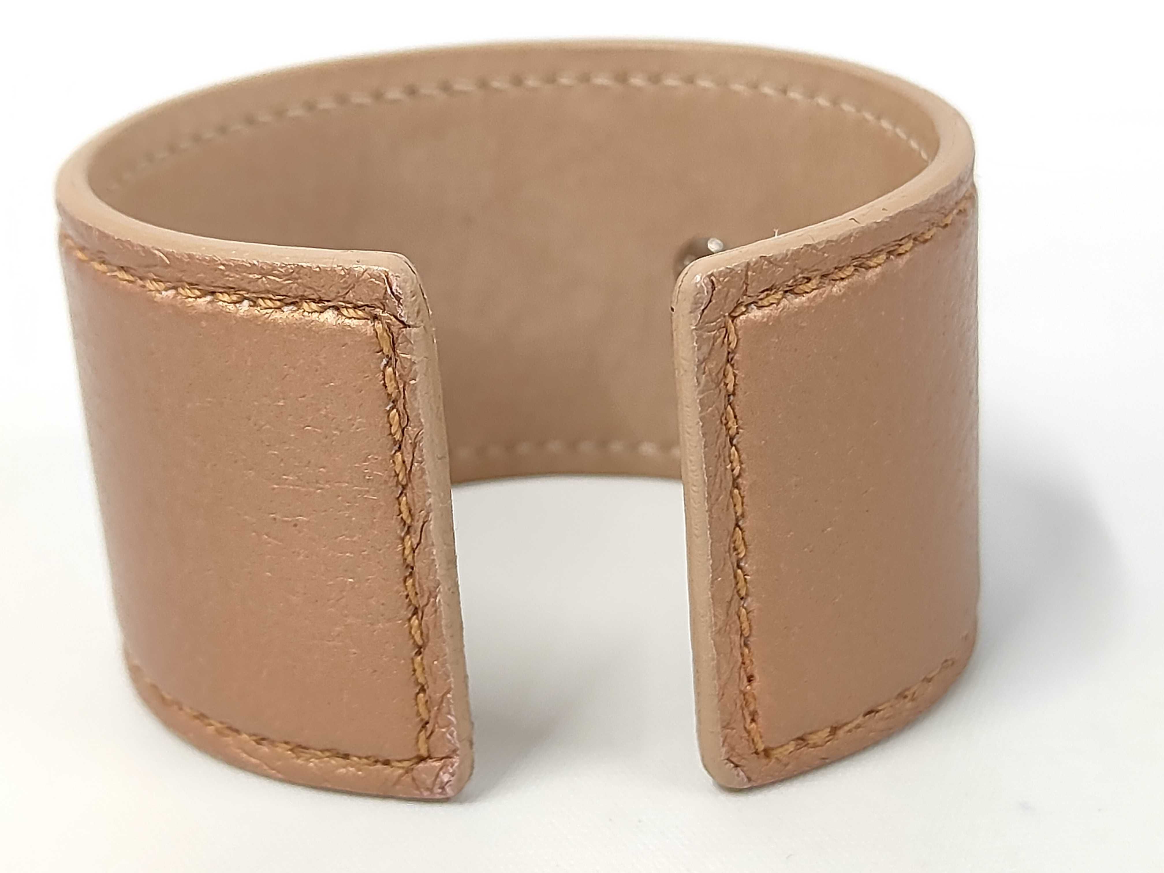 Beige Silver Leather Metal Bangle Bracelet — view 2