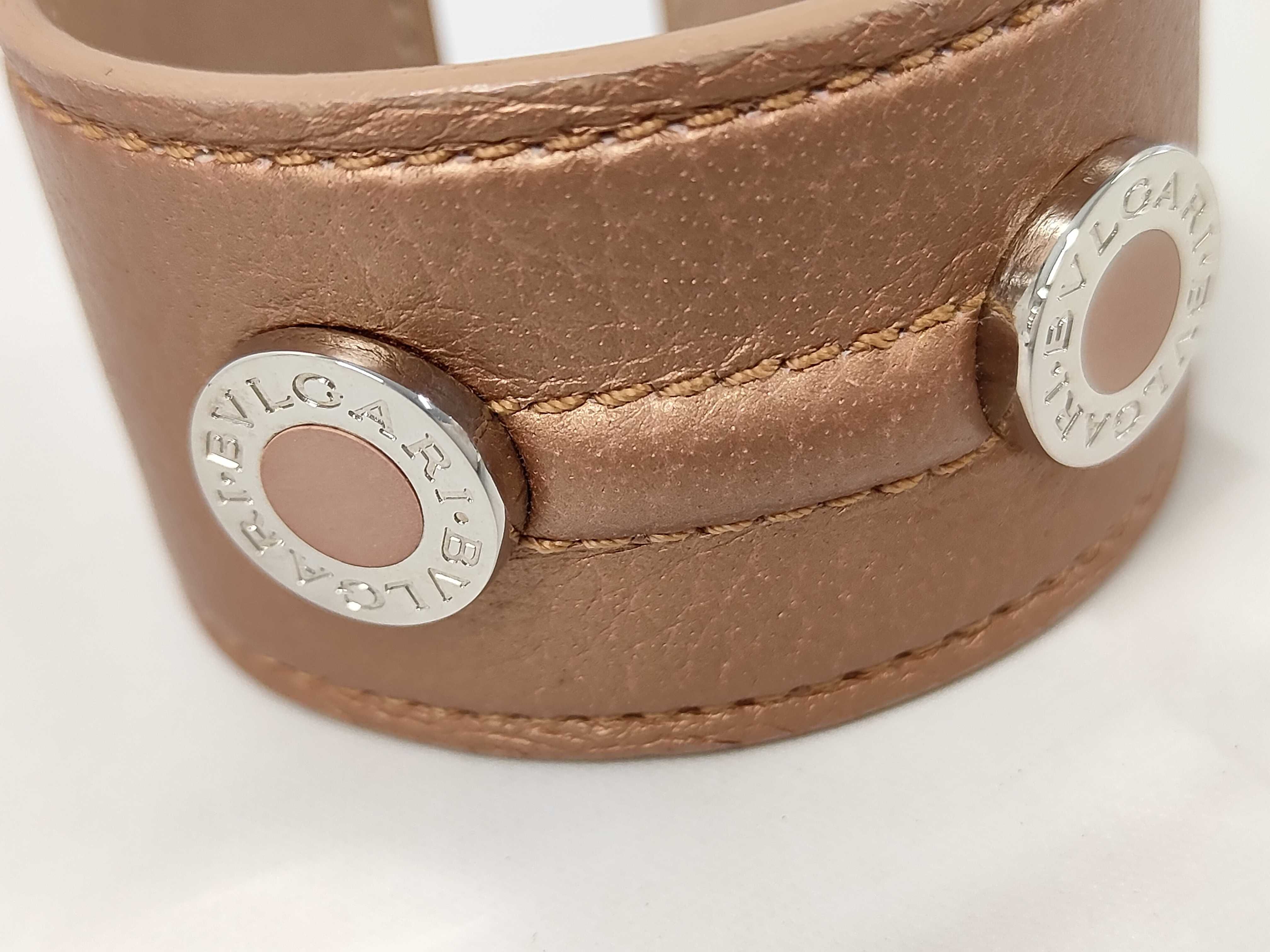 Beige Silver Leather Metal Bangle Bracelet — view 7