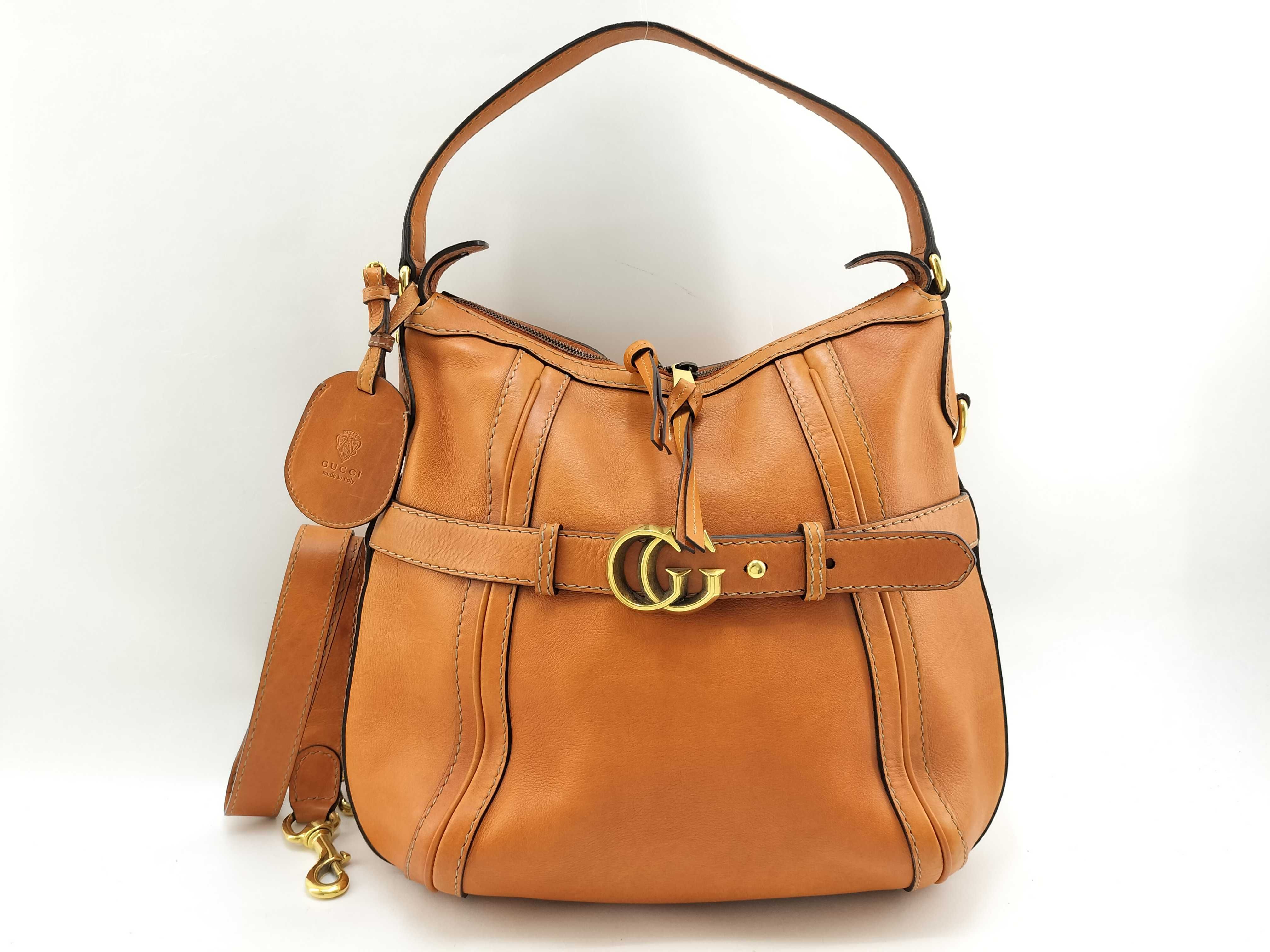 Orange Leather Double G Buckle Shoulder Bag with Long Shoulder Strap