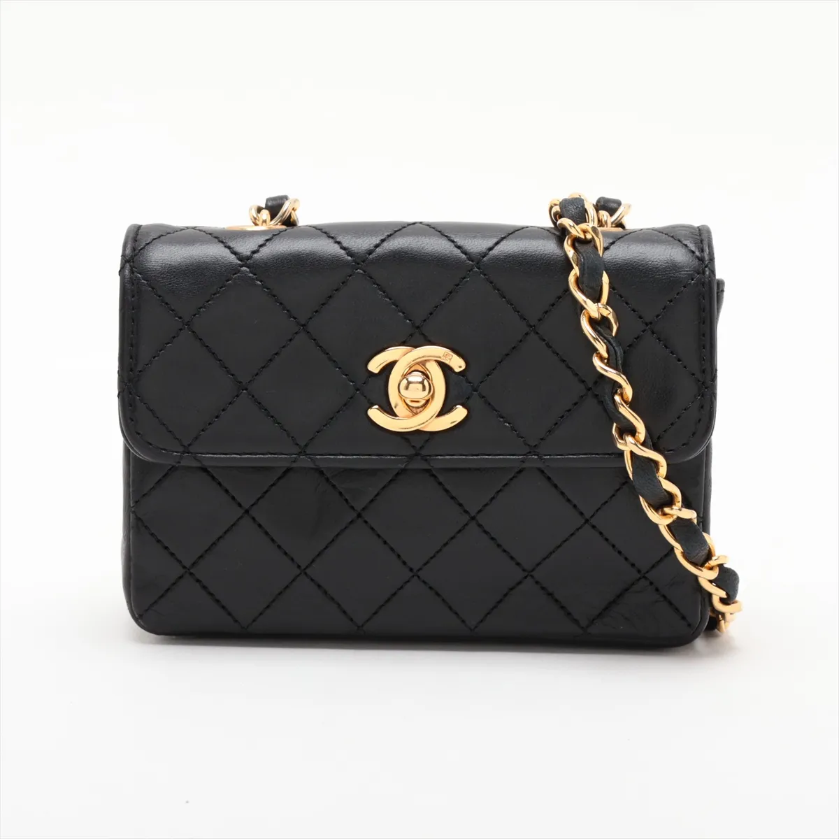 Mini Matelassé Lambskin Chain Shoulder Bag, Black with Gold Hardware, Item No. 1636450