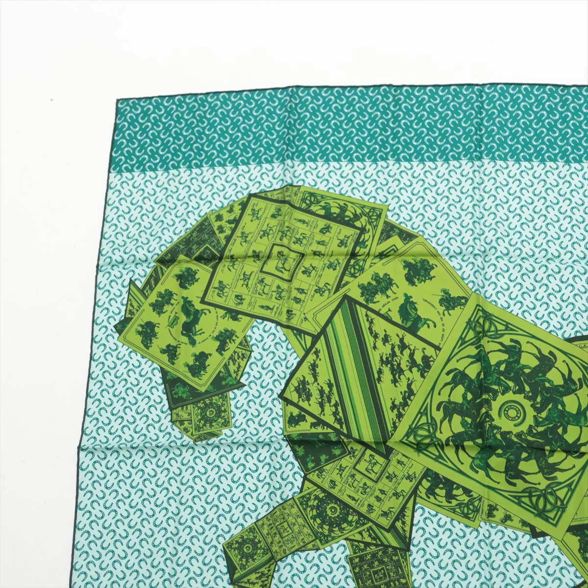 Carre 90 "A Cheval sur mon Carre" (Riding on a Horse) Scarf, Silk, Green, with some wear, snags, and ink — view 2