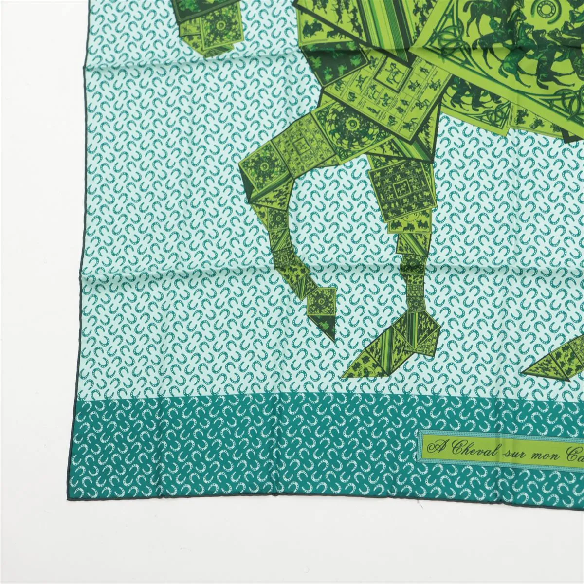 Carre 90 "A Cheval sur mon Carre" (Riding on a Horse) Scarf, Silk, Green, with some wear, snags, and ink — view 5