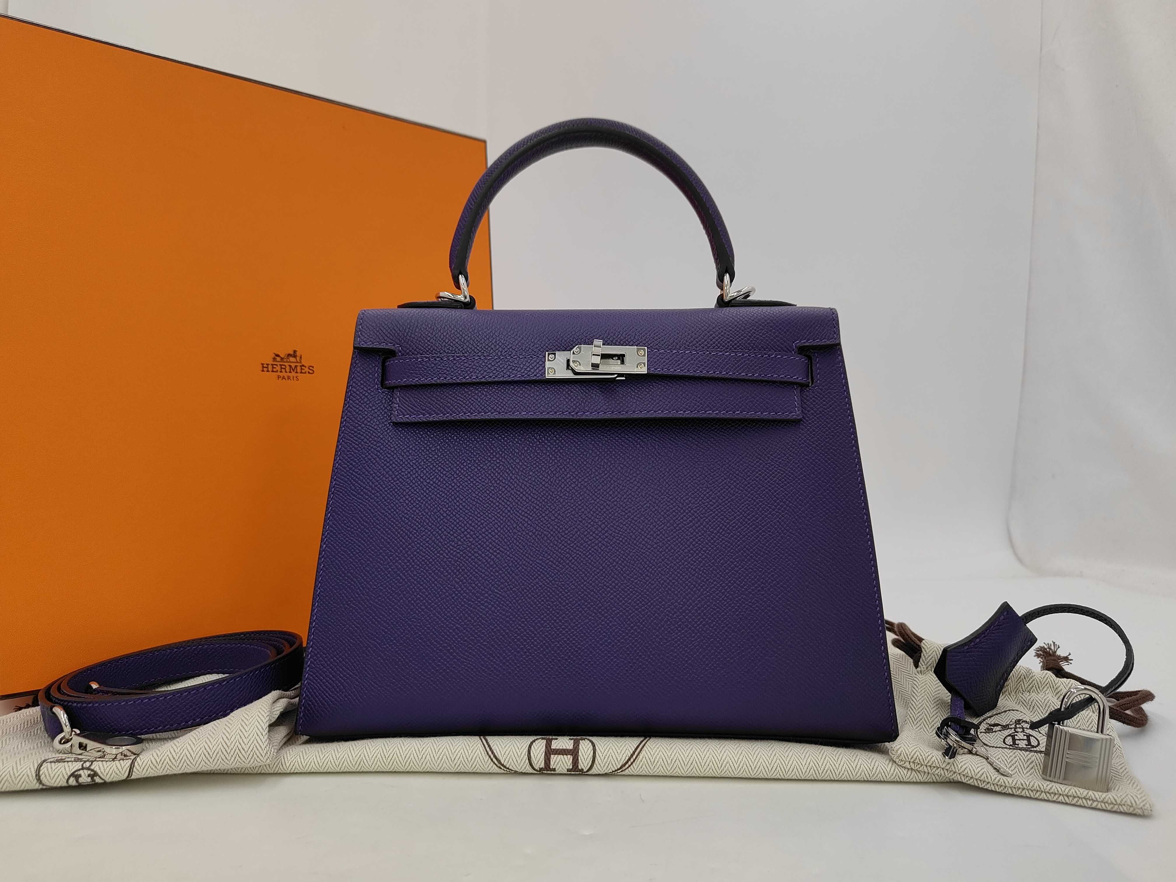 Kelly 25 Epsom purple handbag with silver hardware (G stamp)