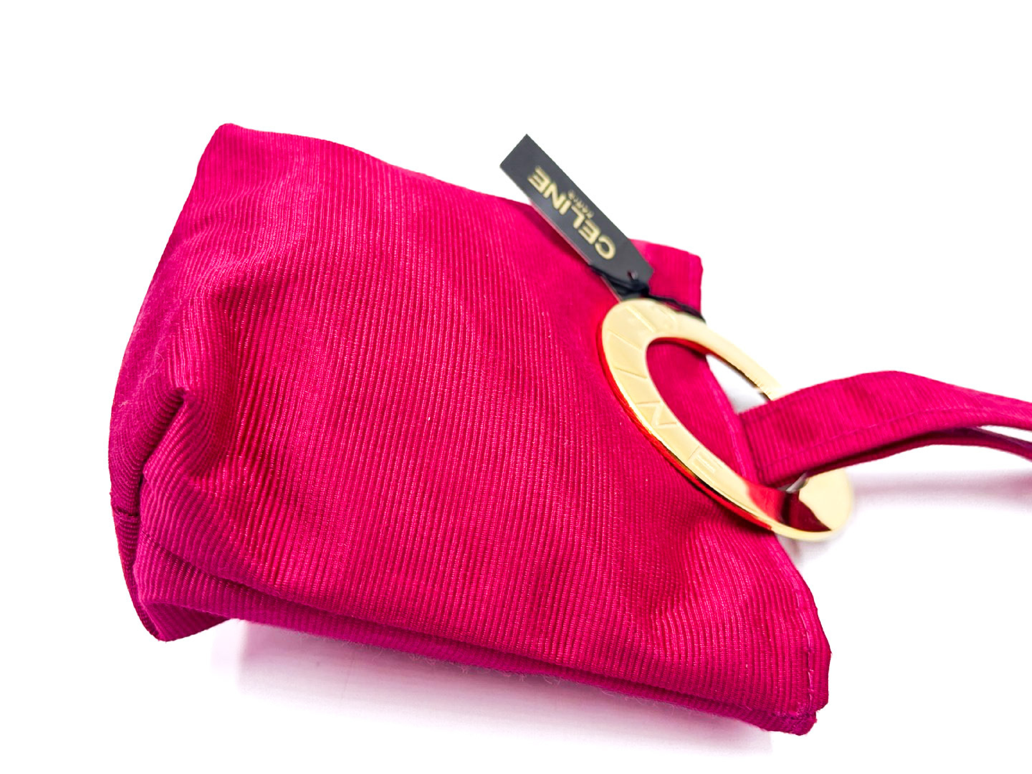 pink handbag with circle clasp and gold hardware, with tags. — view 4