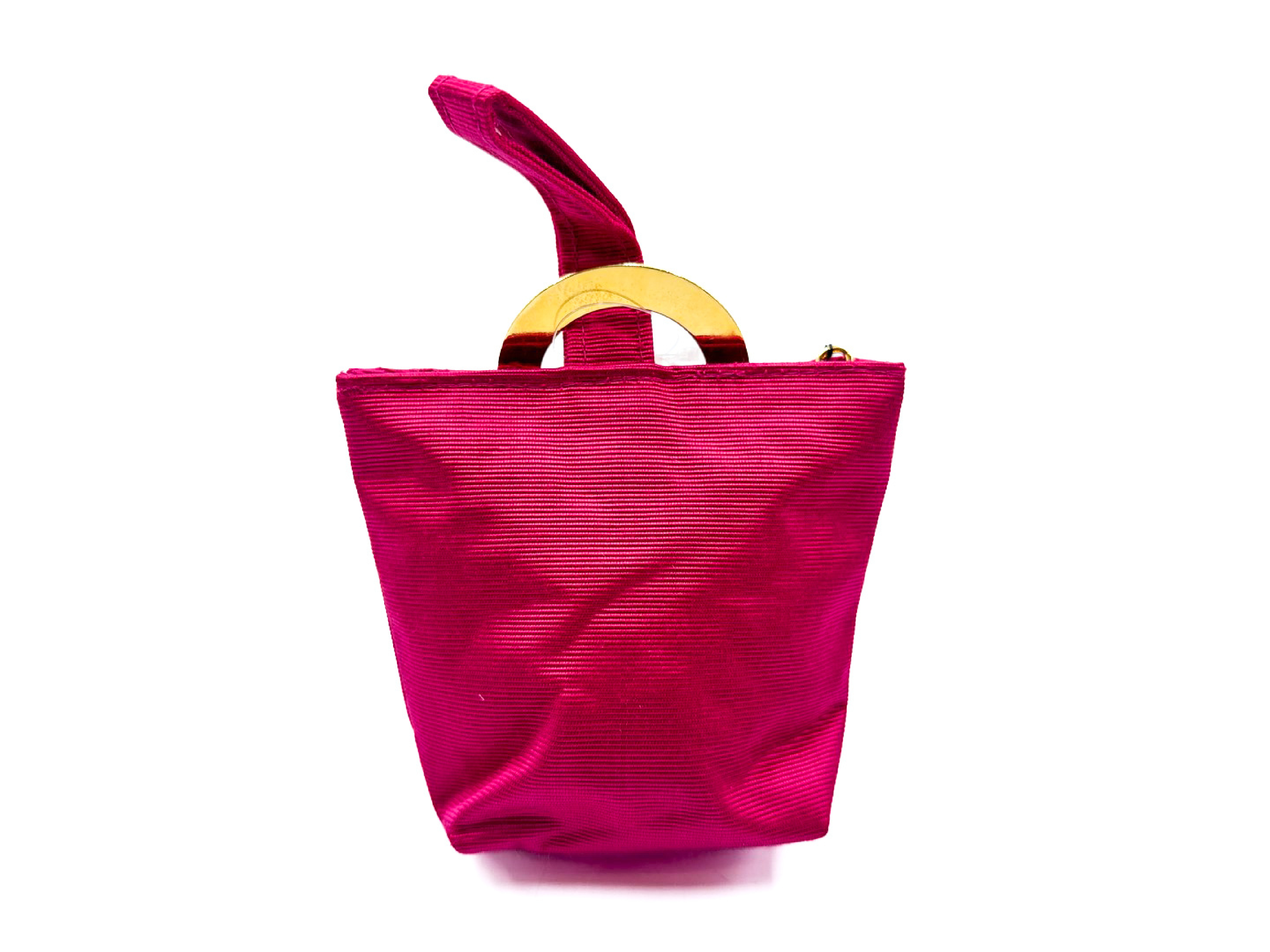pink handbag with circle clasp and gold hardware, with tags. — view 8