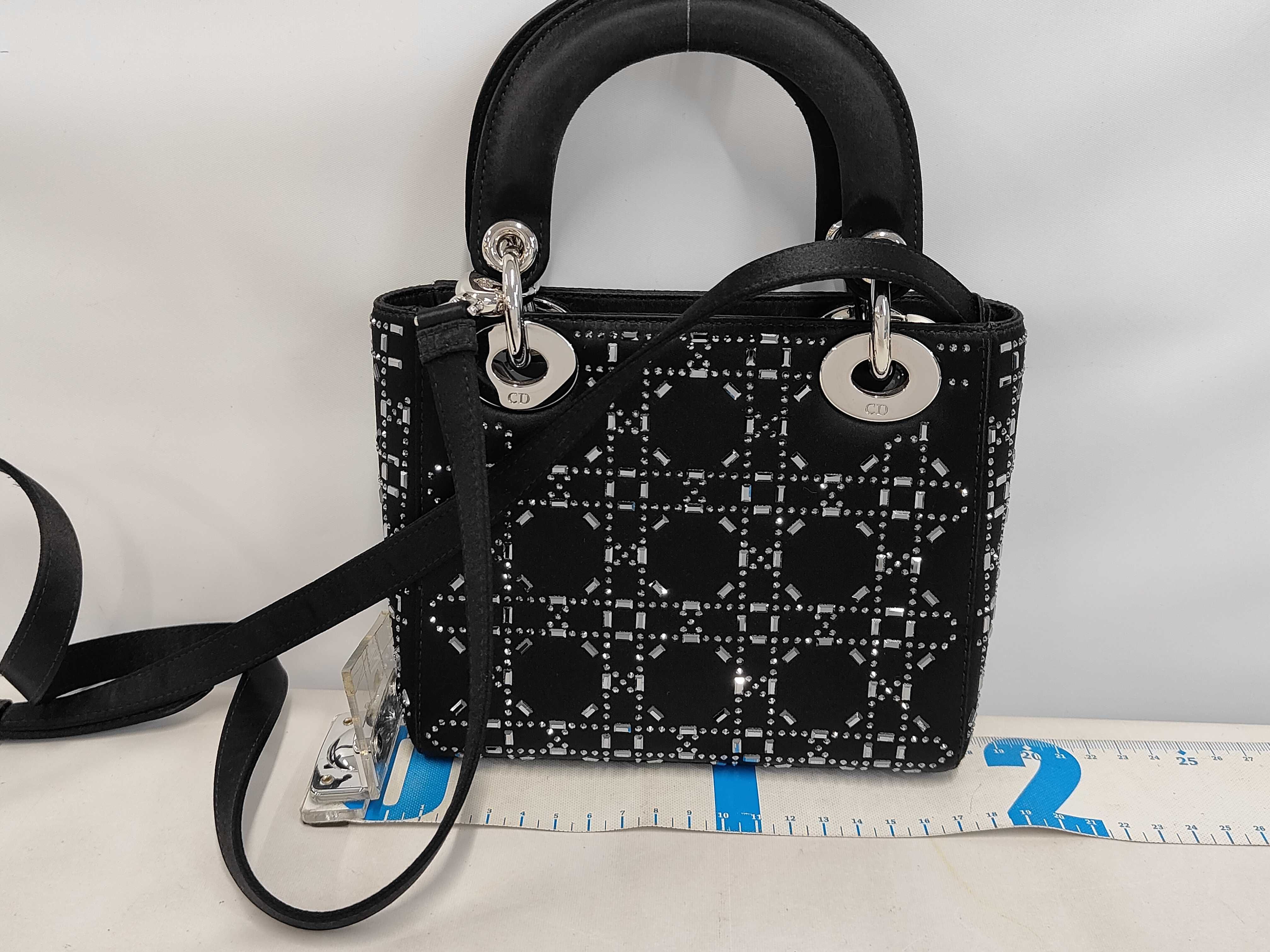 Christian Lady Dior Satin x Rhinestone 2-way Handbag Shoulder Bag Black Handbag — view 2