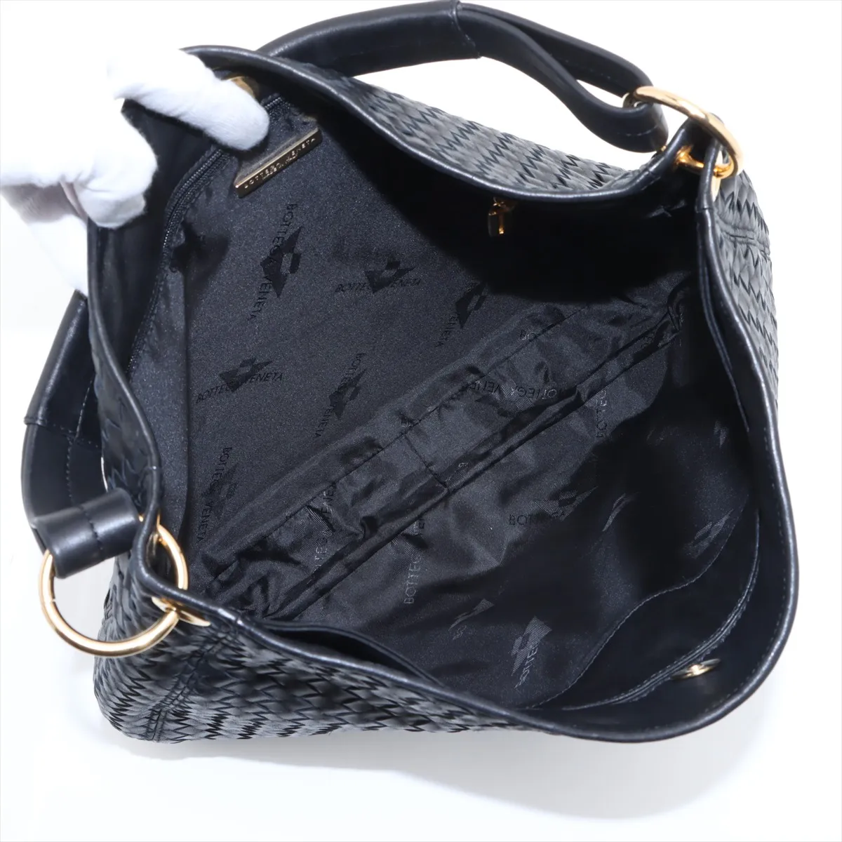 Intrecciato Leather Shoulder Bag, Black — view 7