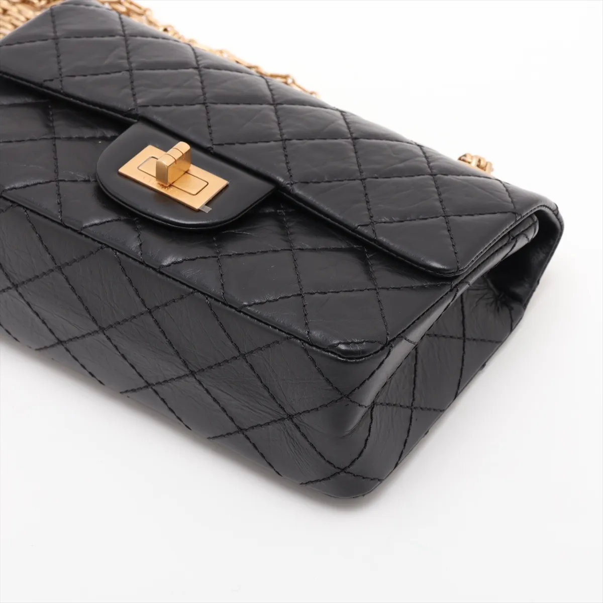 Matelassé 2.55 Mini Vintage Calf Single Flap Double Chain Bag, Black with Gold Hardware, N6A78548, Random Plate, AS0874 — view 3