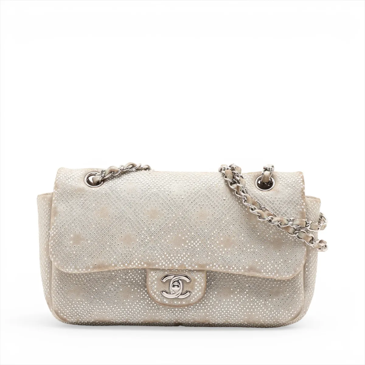 Coco Mark Leather x Rhinestone Single Flap Double Chain Bag, Rhinestone, Gray, Silver Hardware, 17766749, Serial Number 17
