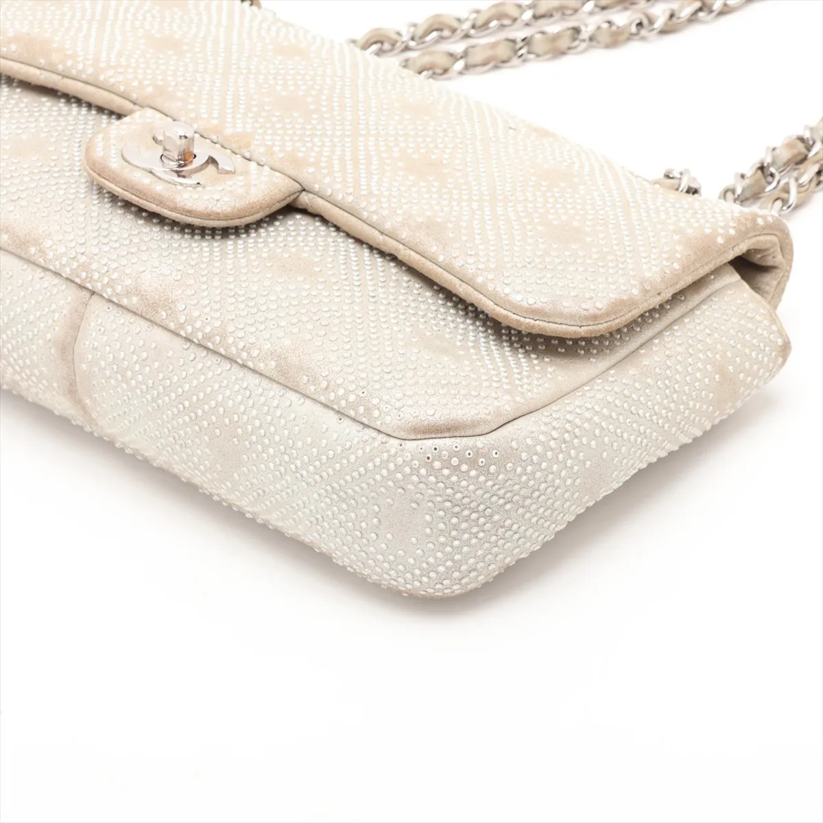 Coco Mark Leather x Rhinestone Single Flap Double Chain Bag, Rhinestone, Gray, Silver Hardware, 17766749, Serial Number 17 — view 3