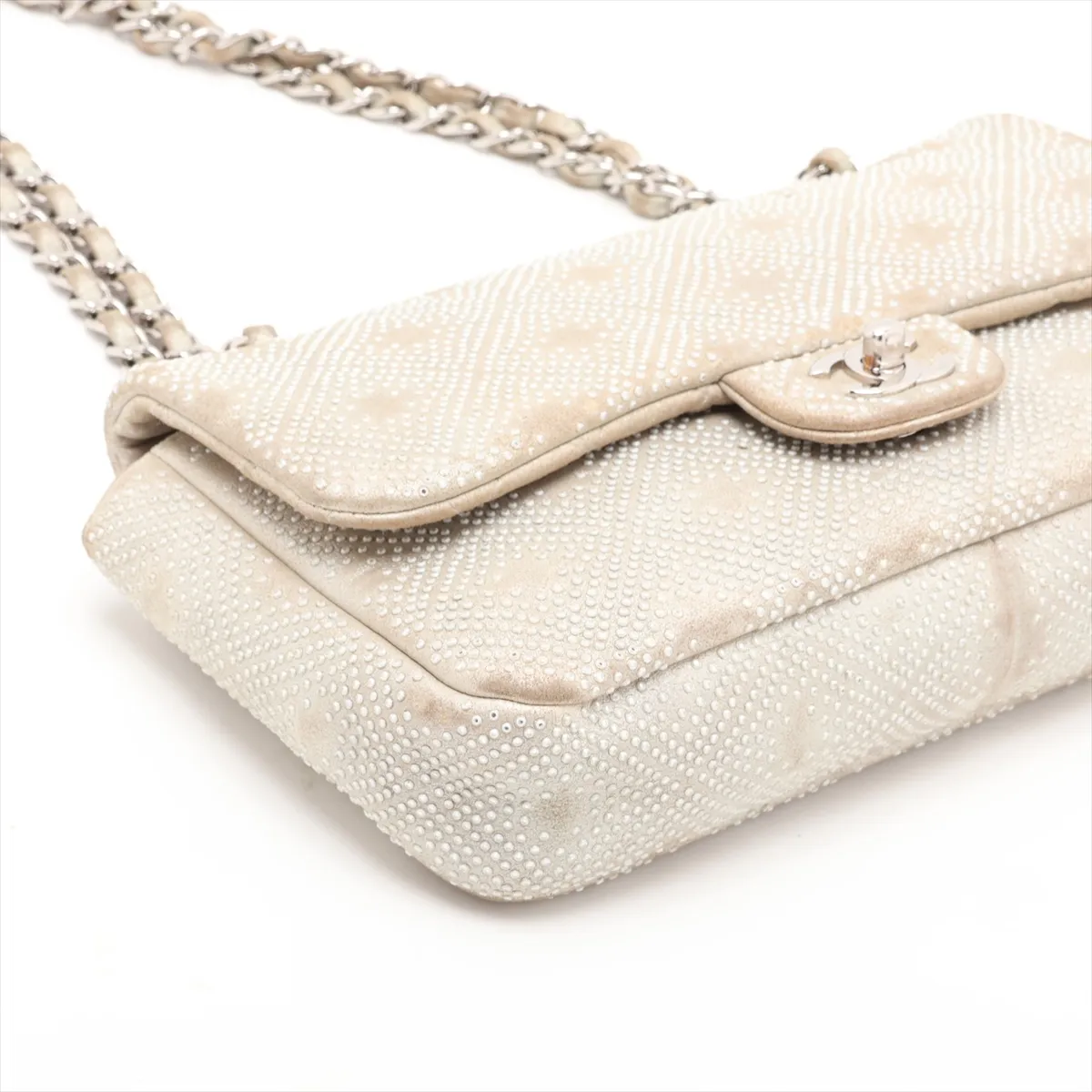 Coco Mark Leather x Rhinestone Single Flap Double Chain Bag, Rhinestone, Gray, Silver Hardware, 17766749, Serial Number 17 — view 4