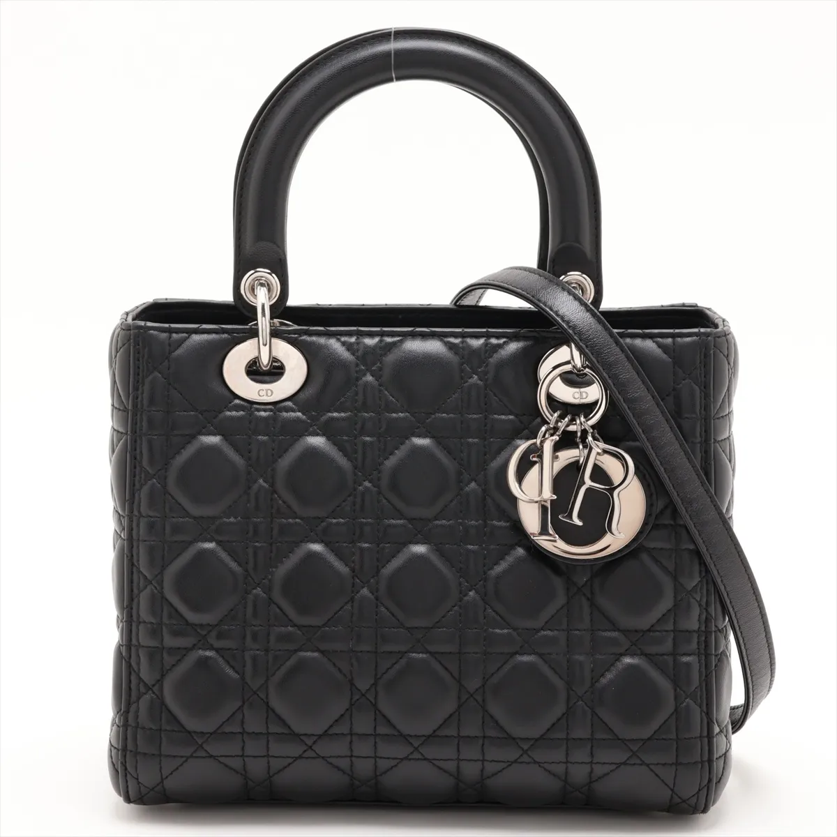 Cannage Lady Dior Leather 2-Way Handbag, Black