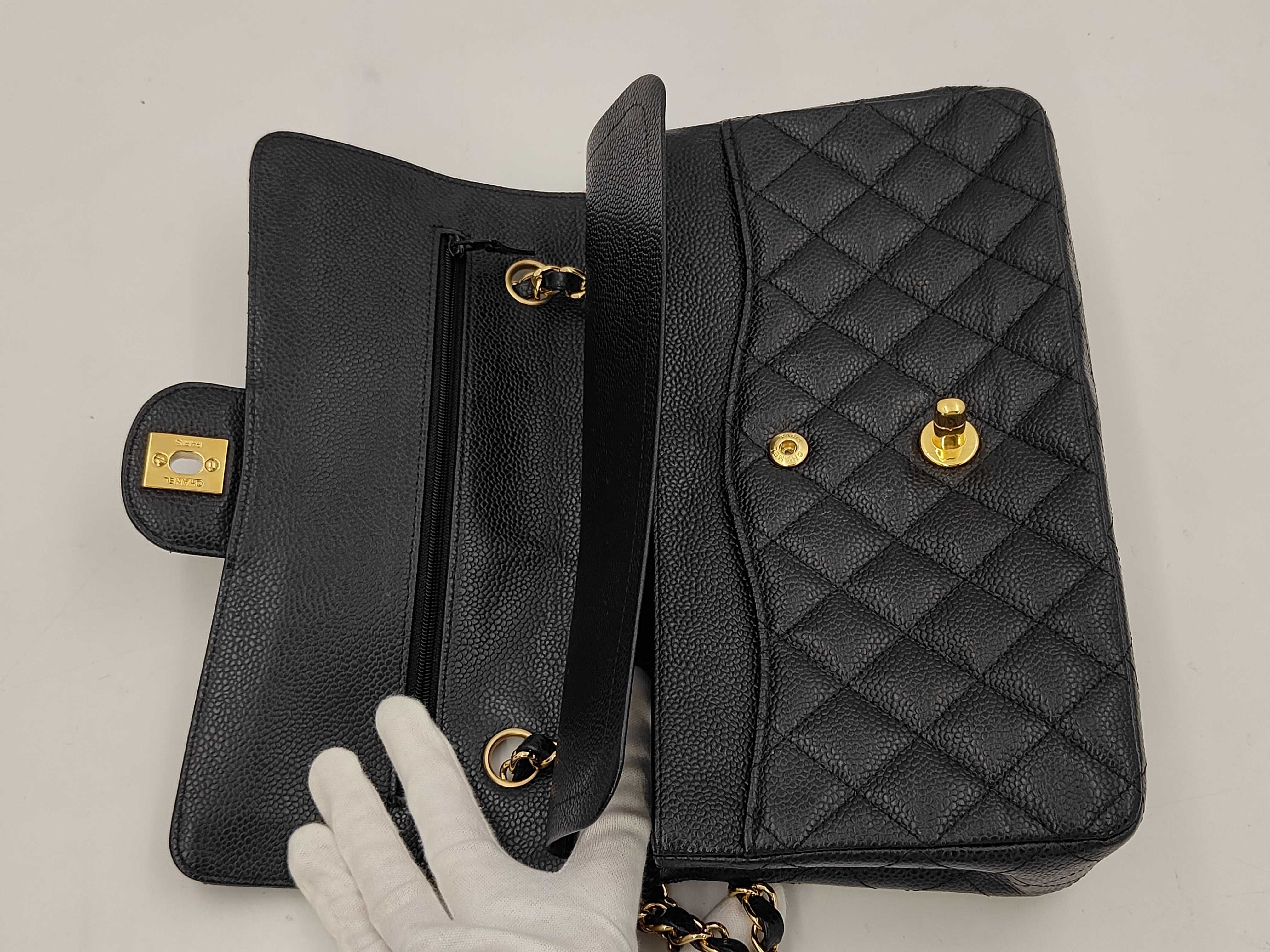 Caviar Skin Chain Shoulder Bag with Gold Hardware and Double Slap — view 11