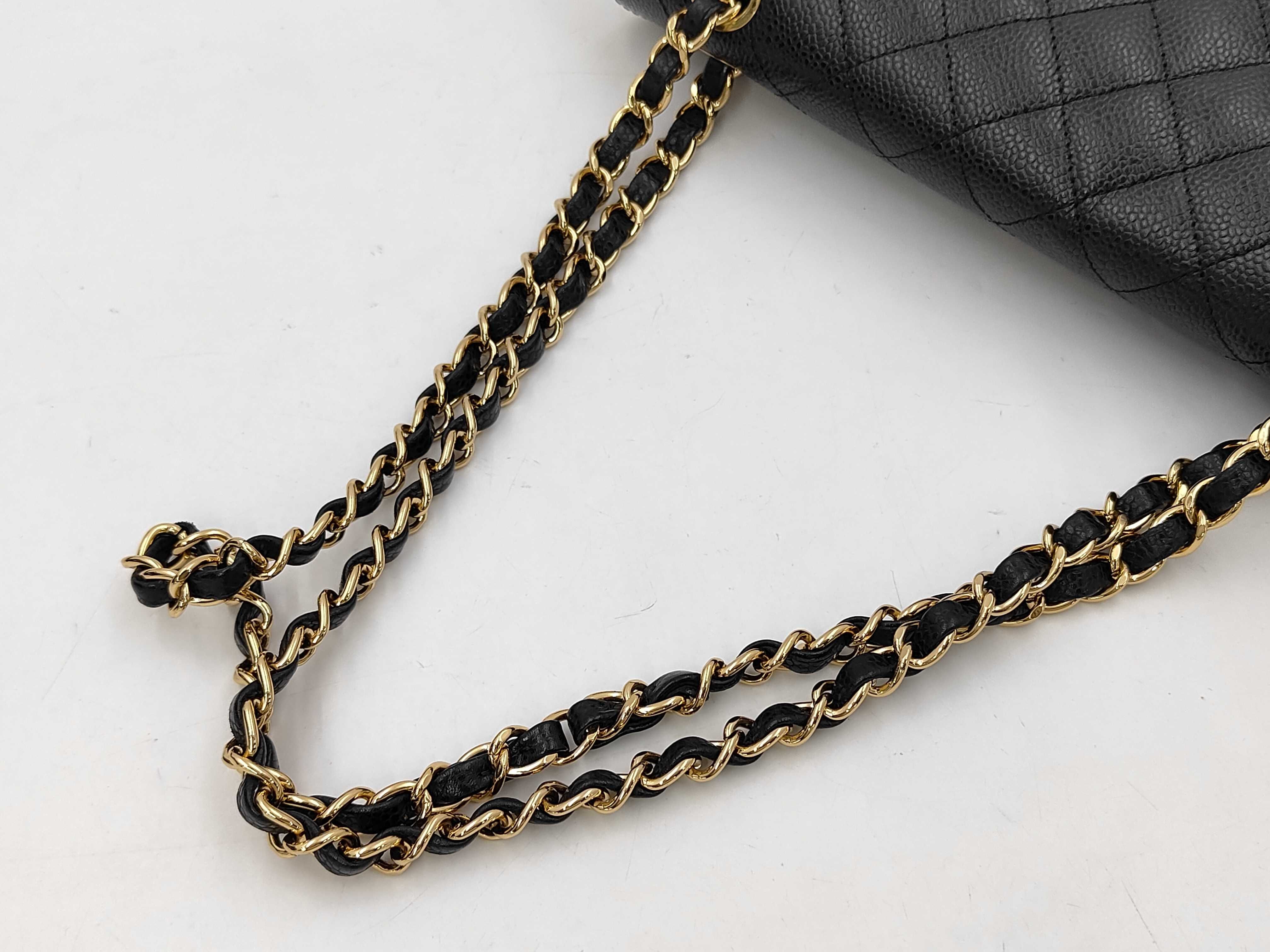 Caviar Skin Chain Shoulder Bag with Gold Hardware and Double Slap — view 5
