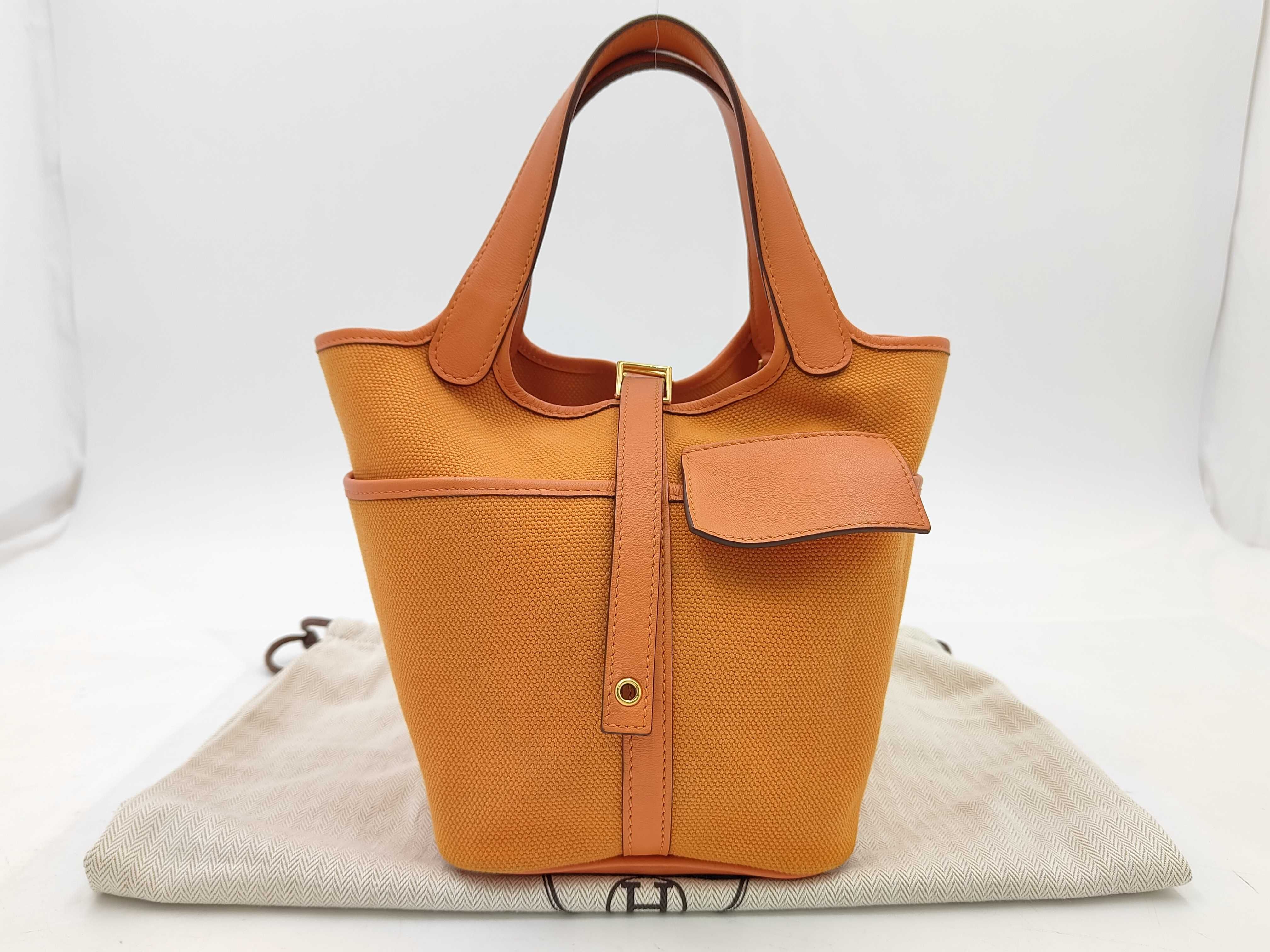Picotin Lock PM Cargo Bag, U stamp, Orange, Gold hardware, Toile/Swift leather, Women's handbag