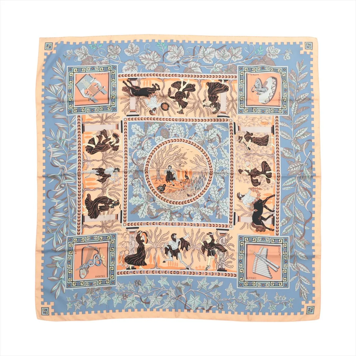 Carre 90 KYMBALA Ancient Roman Scarf, Silk, Orange x Blue, with some wear, snags, and fraying.