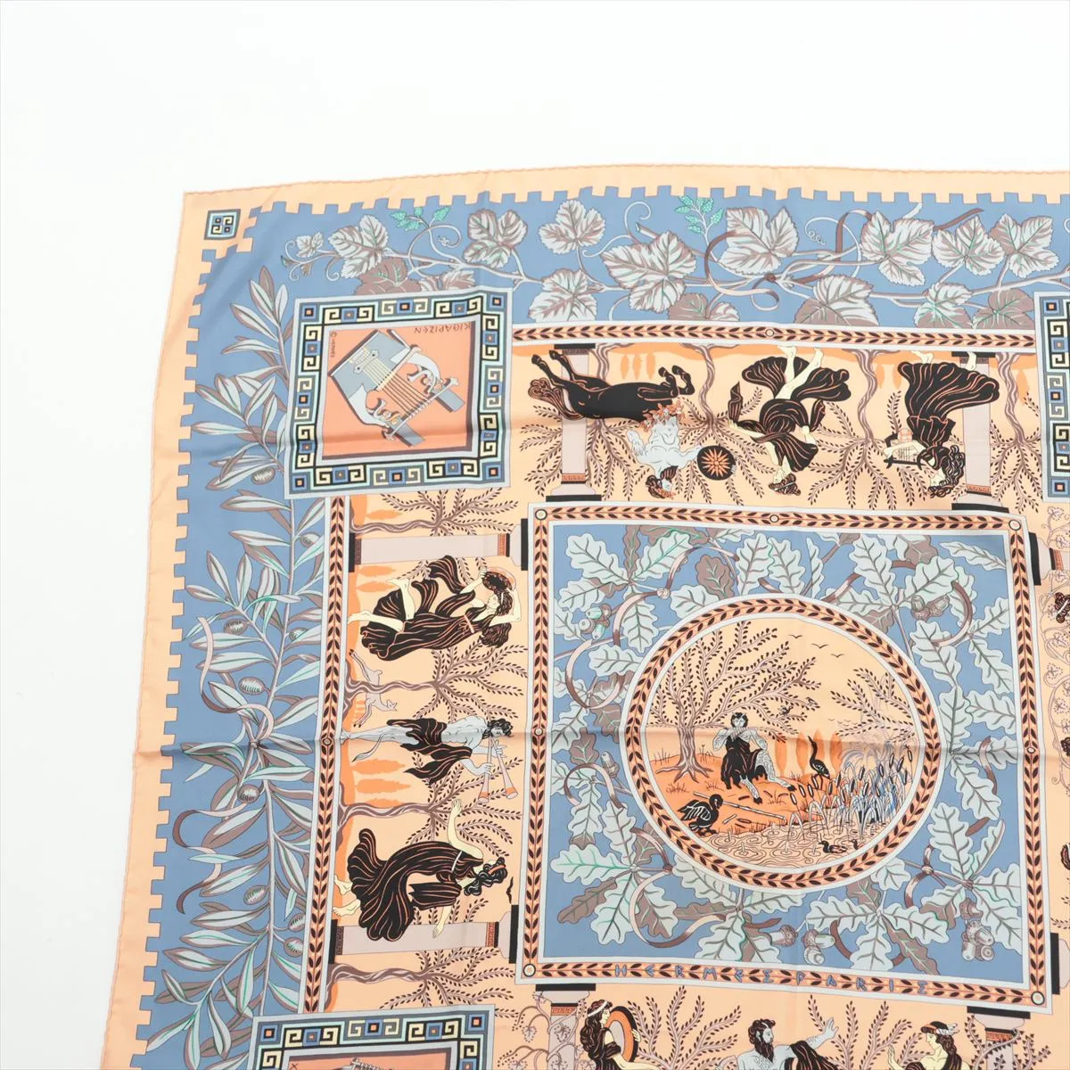 Carre 90 KYMBALA Ancient Roman Scarf, Silk, Orange x Blue, with some wear, snags, and fraying. — view 2