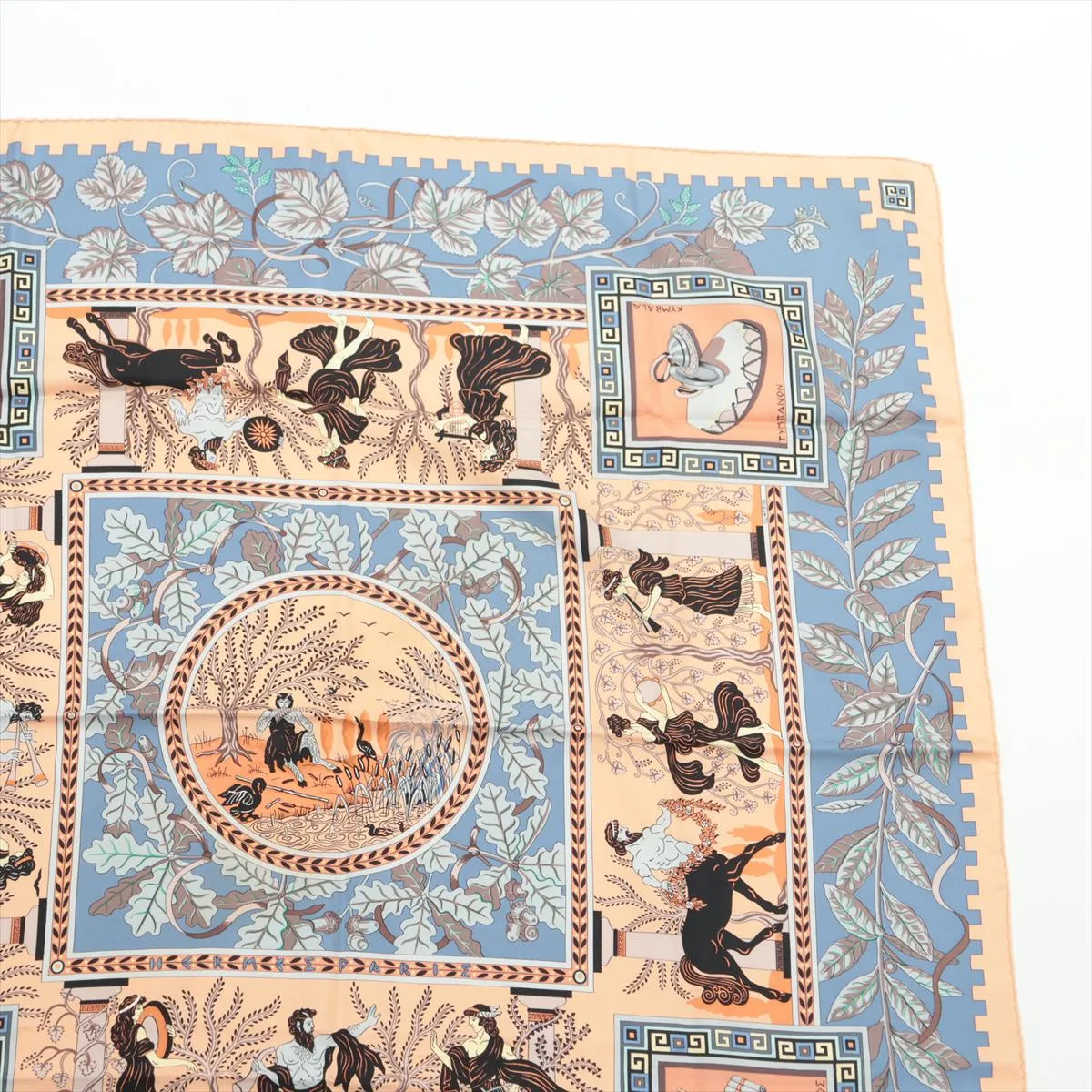 Carre 90 KYMBALA Ancient Roman Scarf, Silk, Orange x Blue, with some wear, snags, and fraying. — view 3
